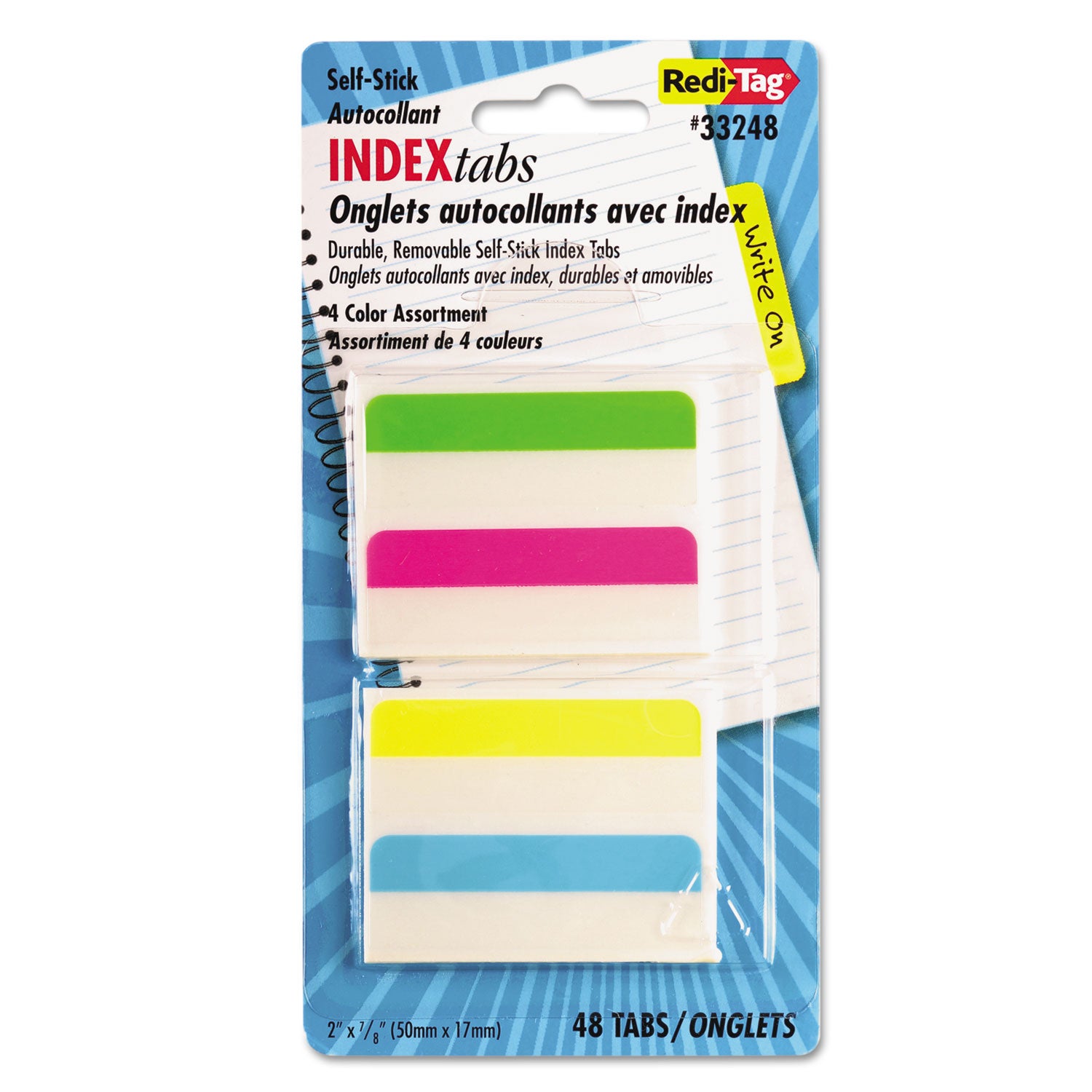 Write-On Index Tabs, 1/5-Cut, Assorted Colors, 2" Wide, 48/Pack