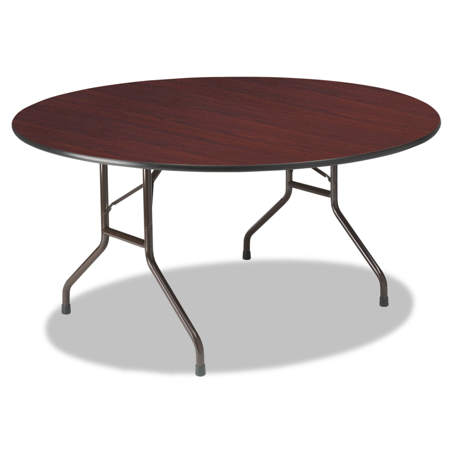 OfficeWorks Wood Folding Table, Round, 60" x 29", Mahogany Top, Gray Base