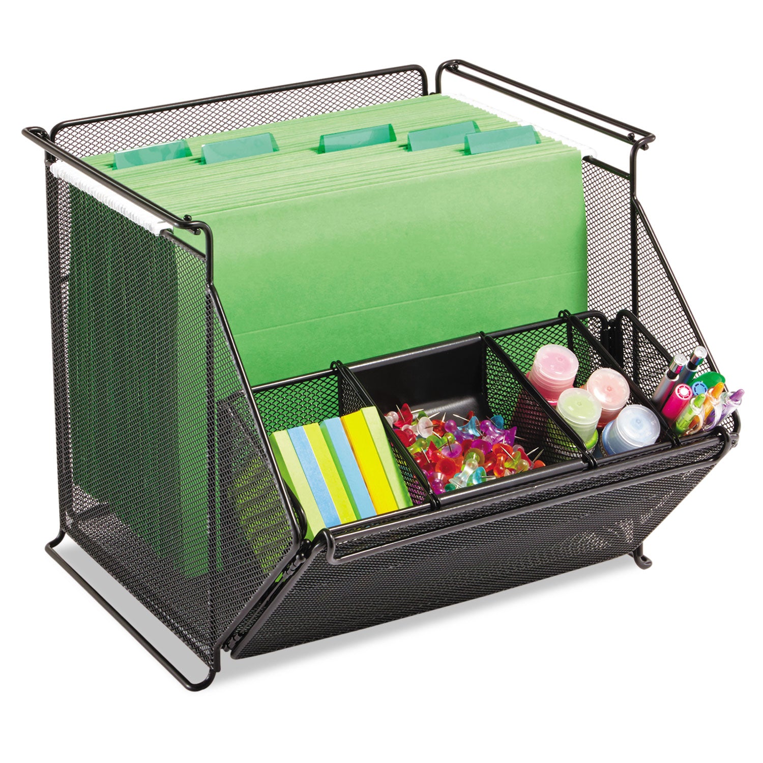 Safco® Onyx Stackable Mesh Storage Bin, 4 Compartments, Steel Mesh, 14 x 15.5 x 11.75, Black