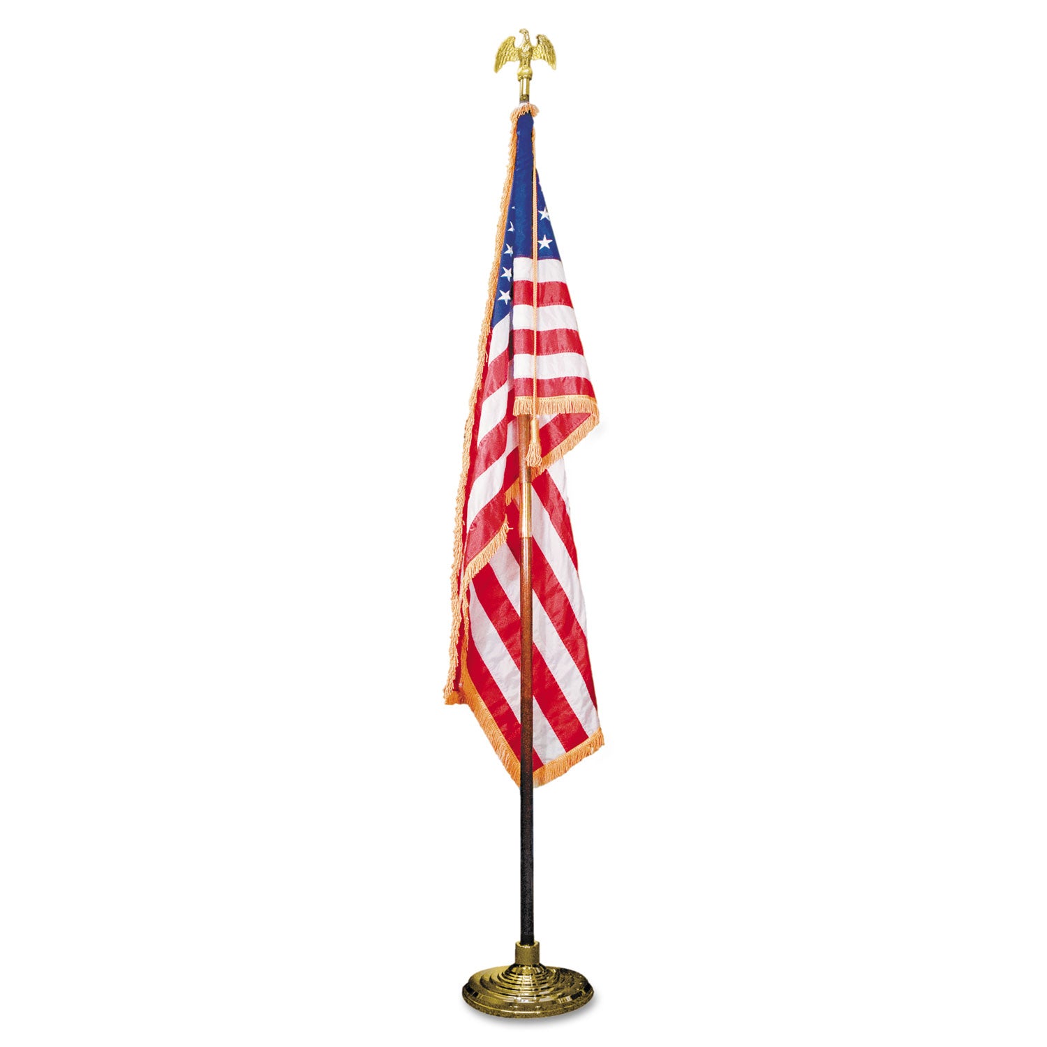 Deluxe U.S. Flag and Staff Set, 60" x 36" Flag, 8 ft Oak Staff, 2" Gold Fringe, 7" Goldtone Eagle, Heavyweight Nylon