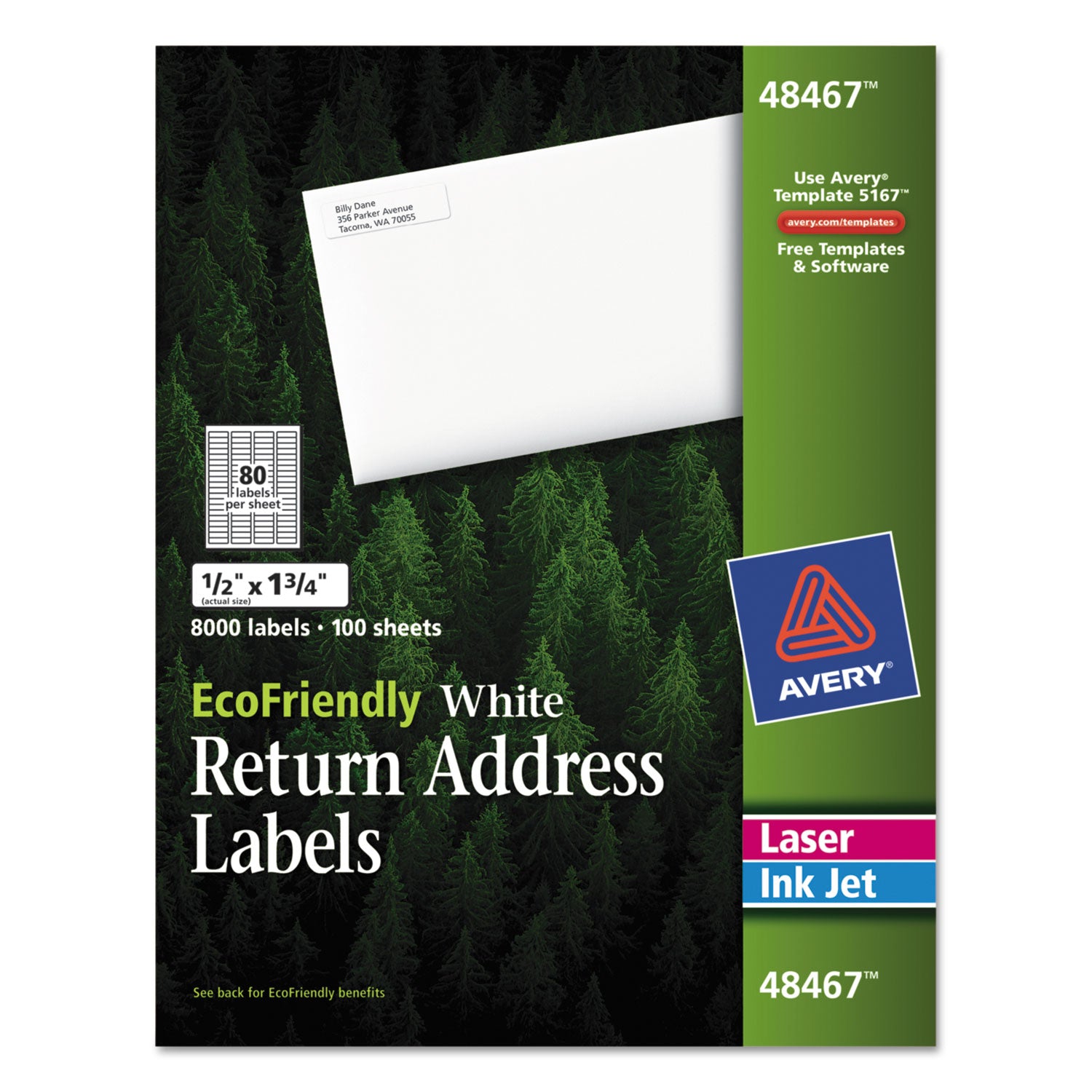 EcoFriendly Mailing Labels, Inkjet/Laser Printers, 0.5 x 1.75, White, 80/Sheet, 100 Sheets/Pack