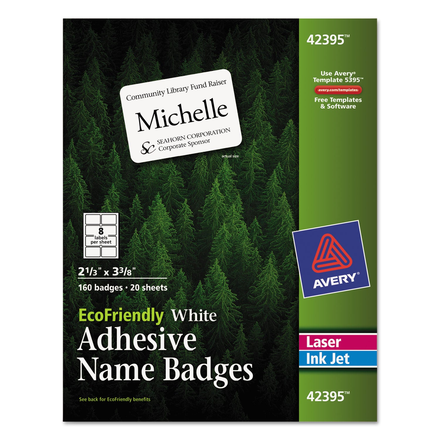 EcoFriendly Adhesive Name Badge Labels, 3.38 x 2.33, White, 160/Box