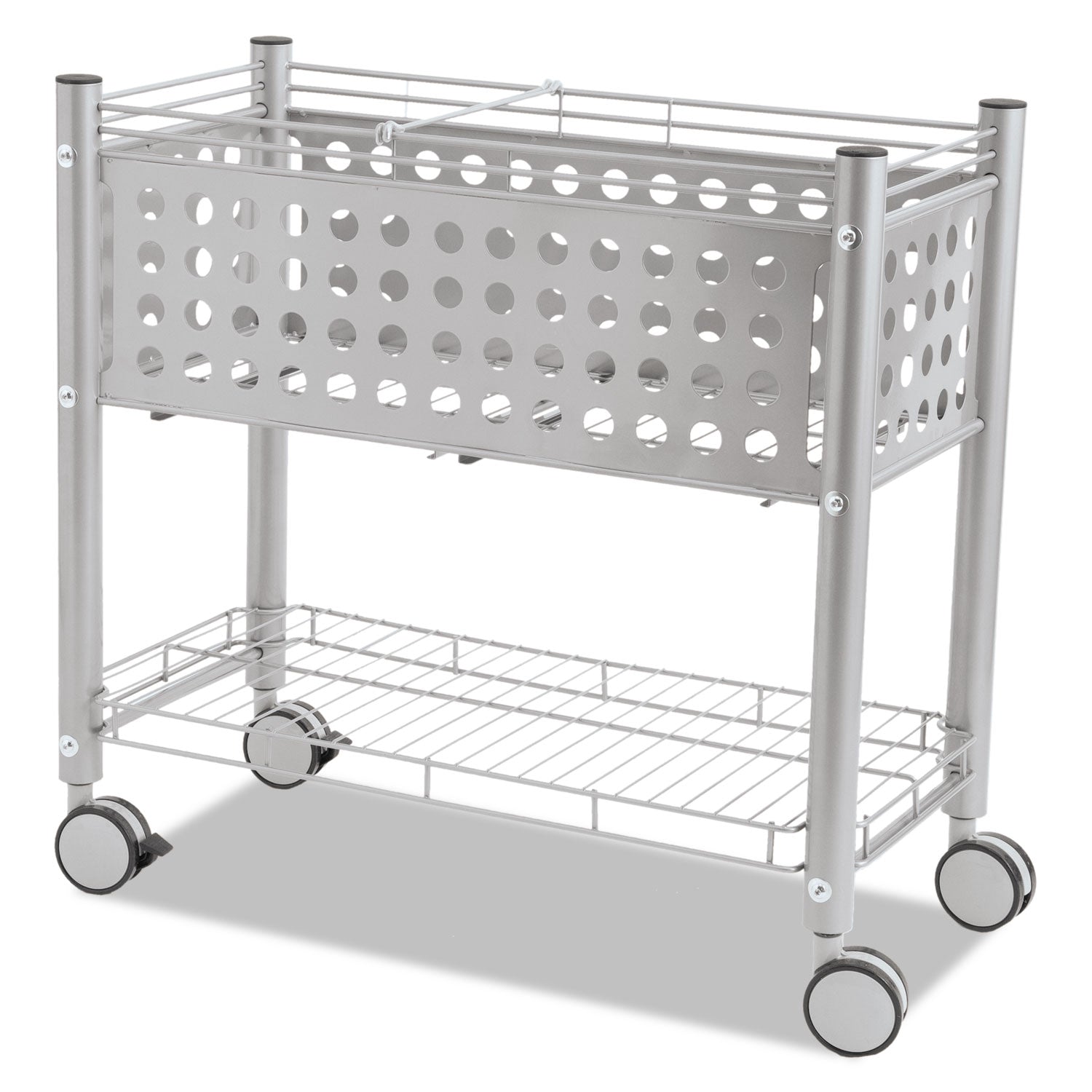 File Cart with Open Top, Metal, 1 Shelf, 2 Bins, 28.25" x 13.75" x 27.38", Matte Gray