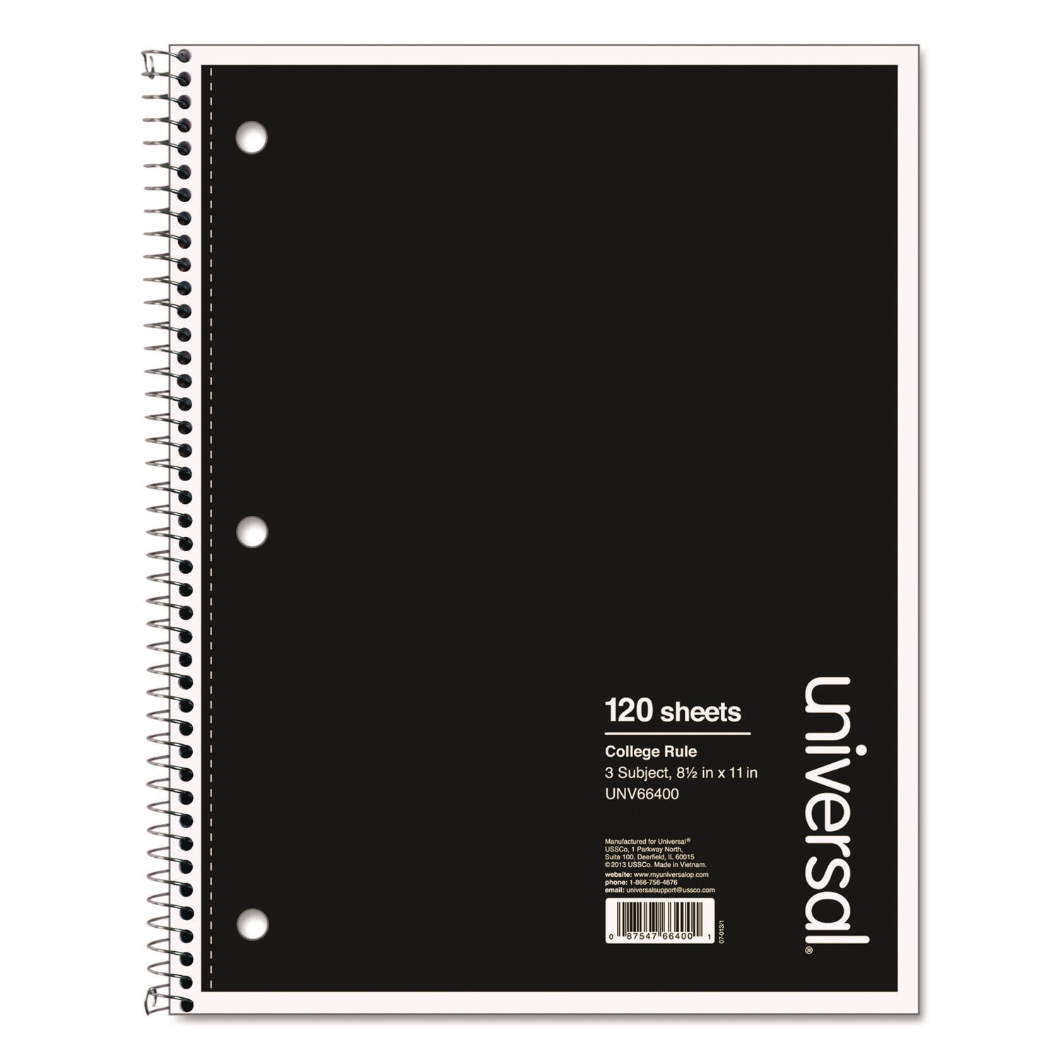 Universal® Wirebound Notebook, 3-Subject, Medium/College Rule, Black Cover, (120) 11 x 8.5 Sheets