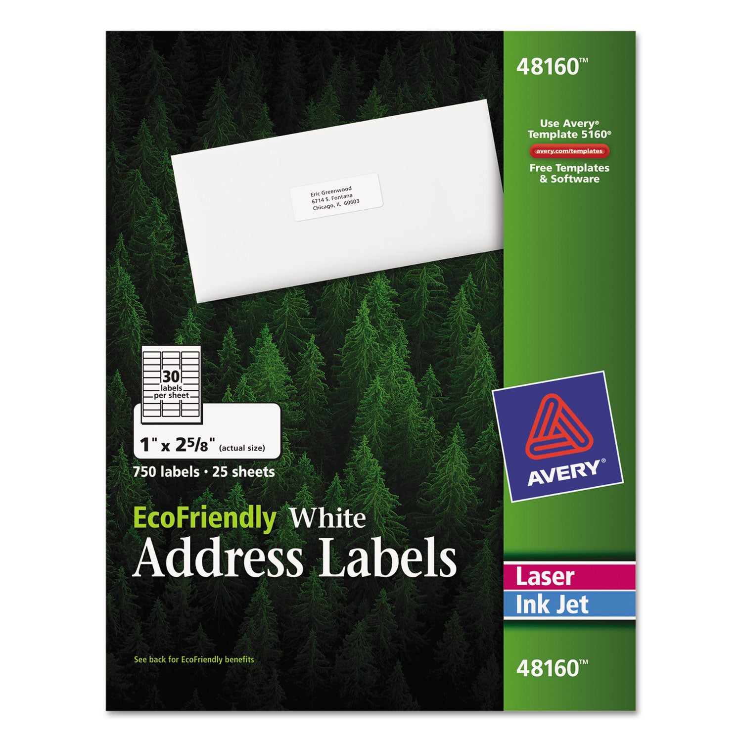 EcoFriendly Mailing Labels, Inkjet/Laser Printers, 1 x 2.63, White, 30/Sheet, 25 Sheets/Pack