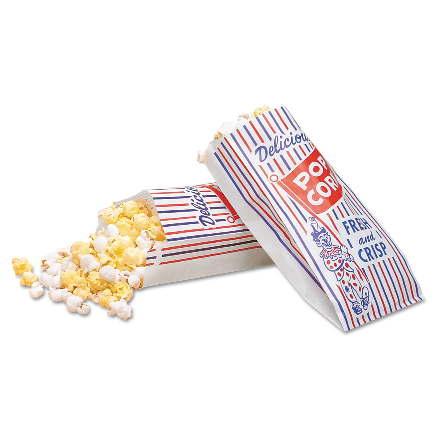 Pinch-Bottom Paper Popcorn Bag, Delicious Popcorn: Circus Clown Icon Labeling, 4" x 1.5" x 8", Red/White/Blue, 1,000/Carton