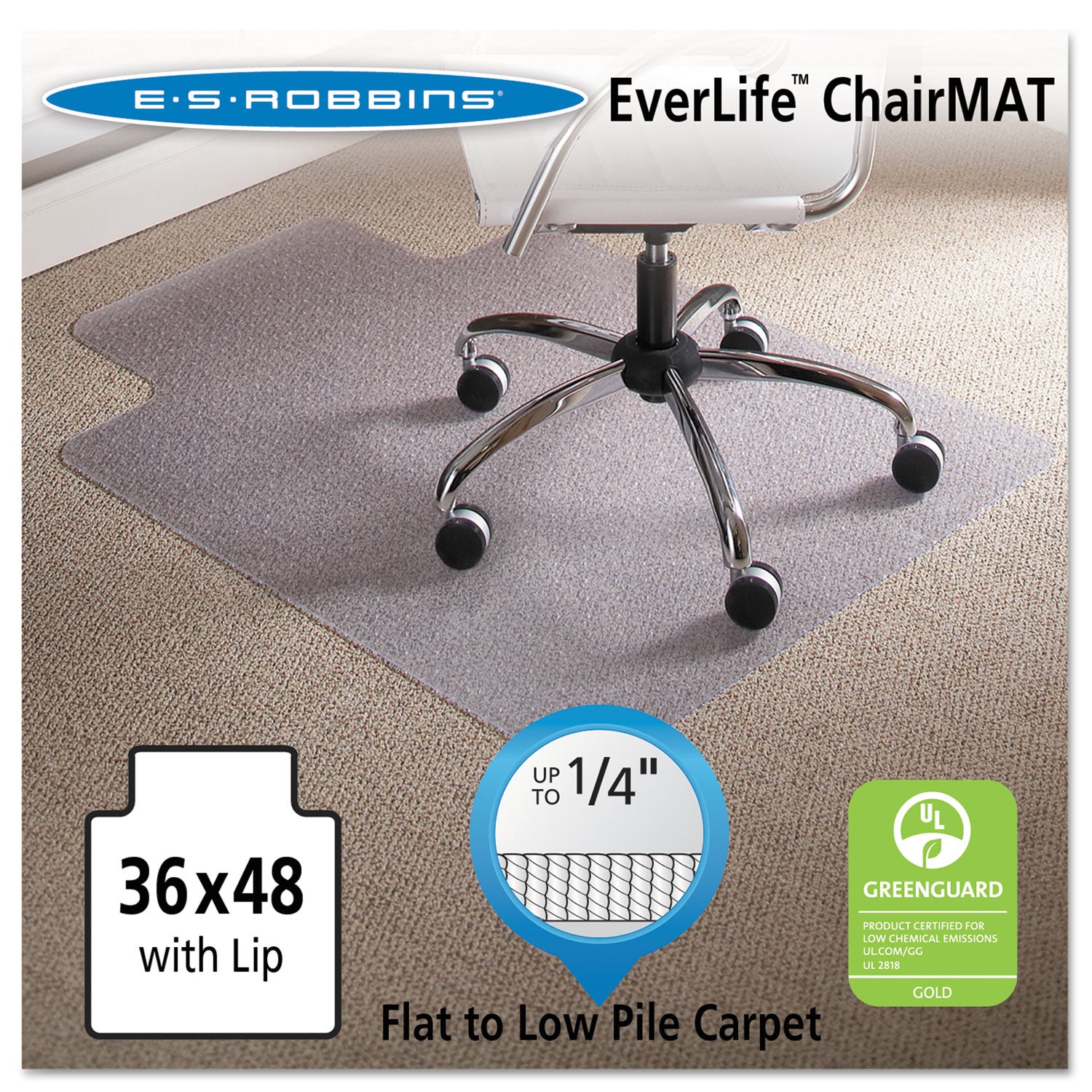 ES Robbins® EverLife Light Use Chair Mat for Flat to Low Pile Carpet, Rectangular with Lip, 36 x 48, Clear