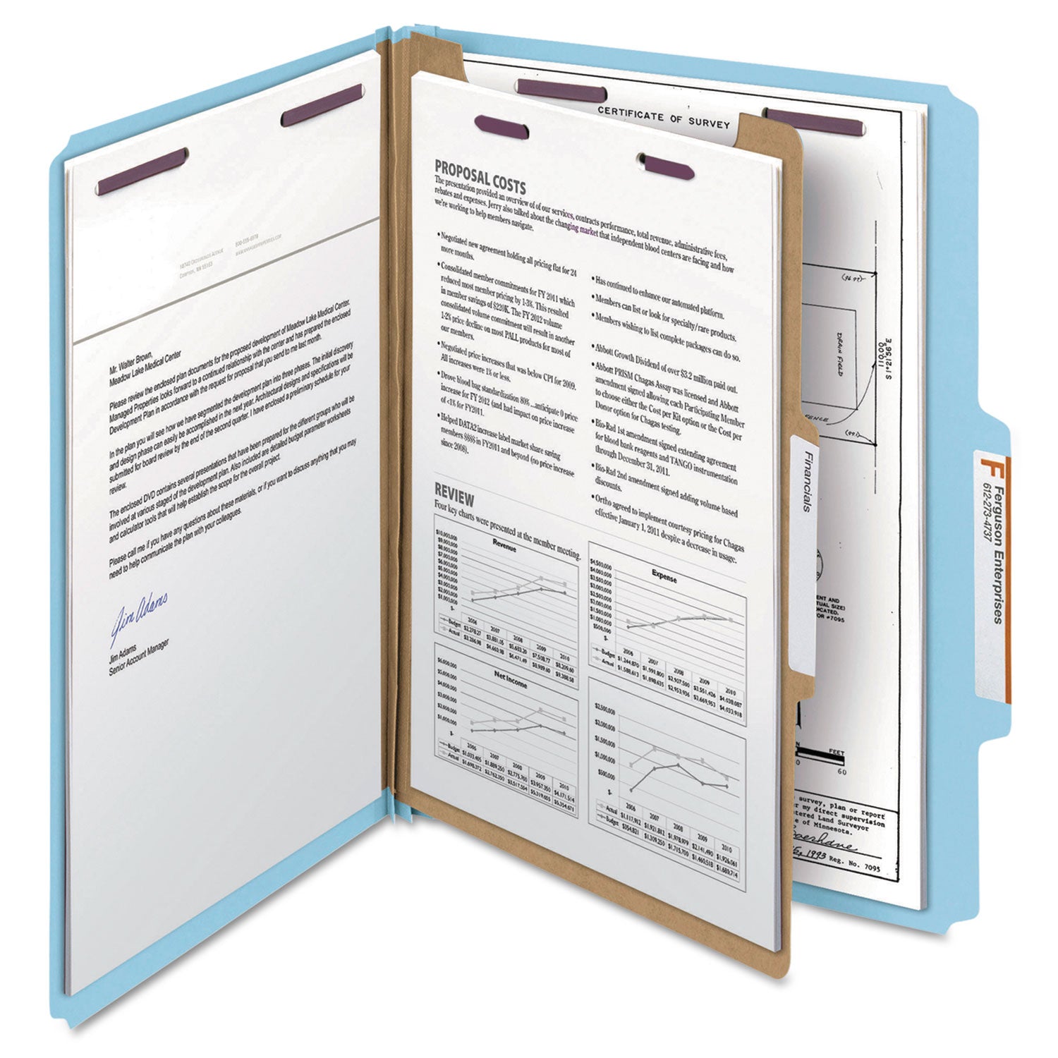 Smead™ Four-Section Pressboard Top Tab Classification Folders, Four SafeSHIELD Fasteners, 1 Divider, Letter Size, Blue, 10/Box