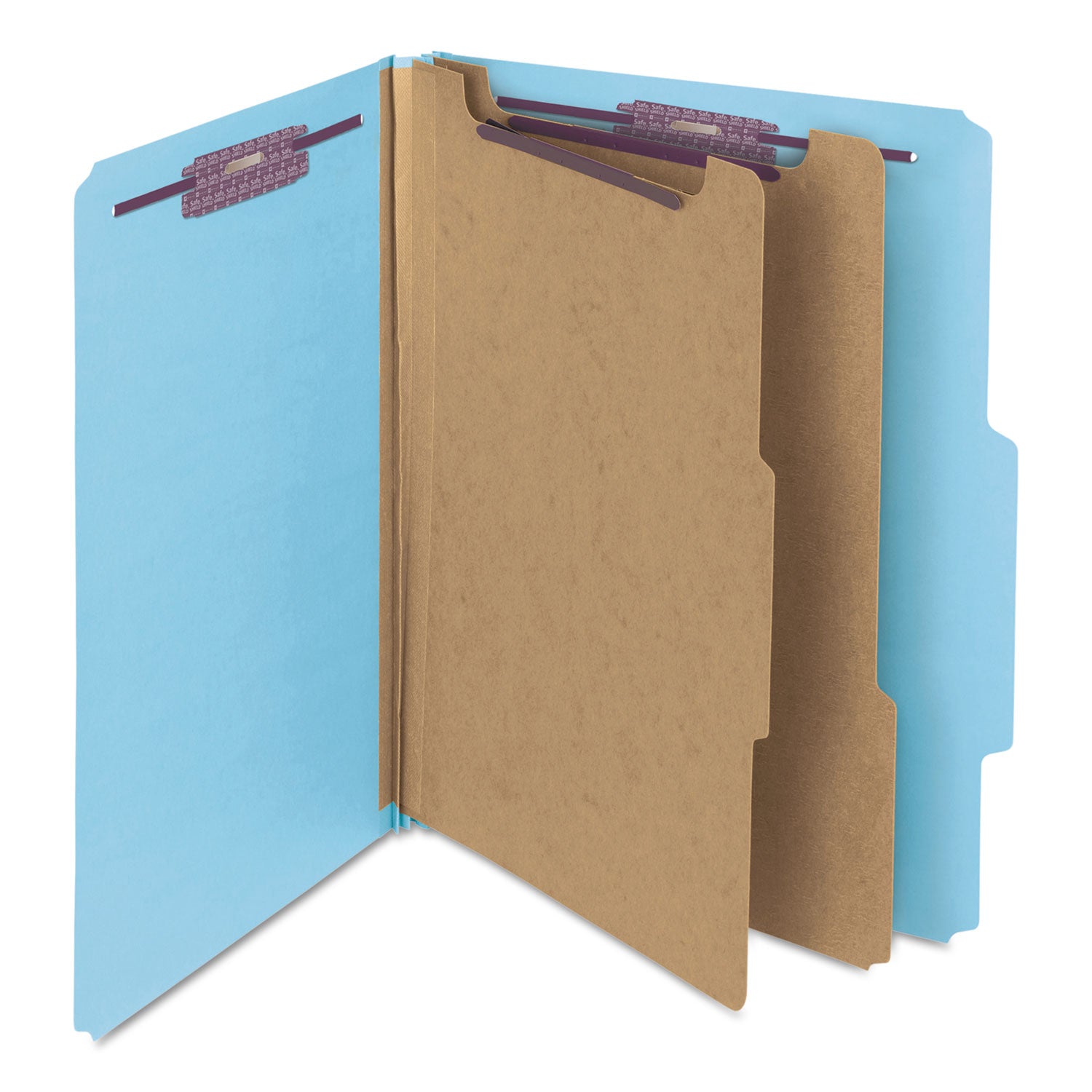 Smead™ Six-Section Pressboard Top Tab Classification Folders, Six SafeSHIELD Fasteners, 2 Dividers, Letter Size, Blue, 10/Box