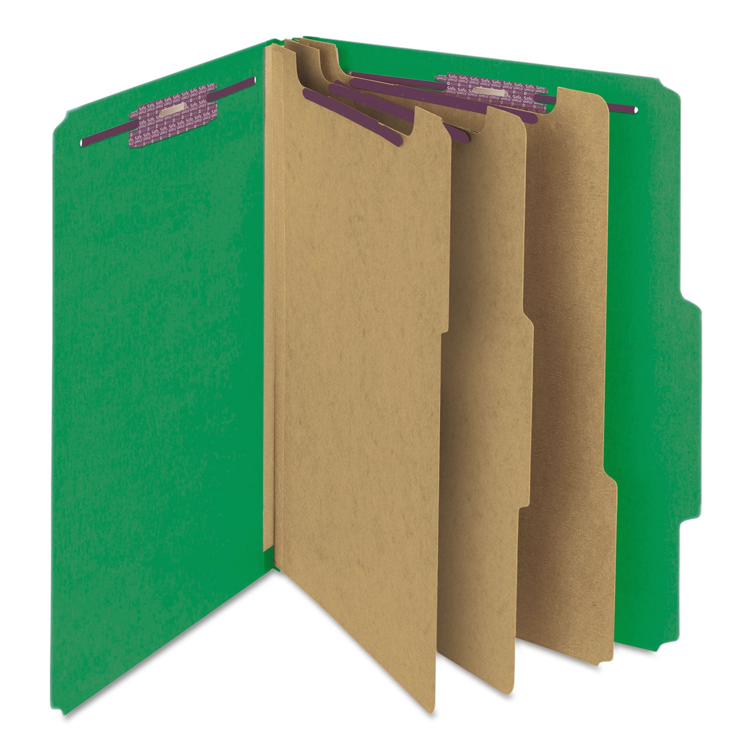 Smead™ Eight-Section Pressboard Top Tab Classification Folders, Eight SafeSHIELD Fasteners, 3 Dividers, Letter Size, Green, 10/Box