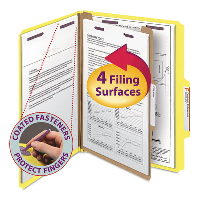 Four-Section Pressboard Top Tab Classification Folders, Four SafeSHIELD Fasteners, 1 Divider, Letter Size, Yellow, 10/Box Flipcost Flipcost