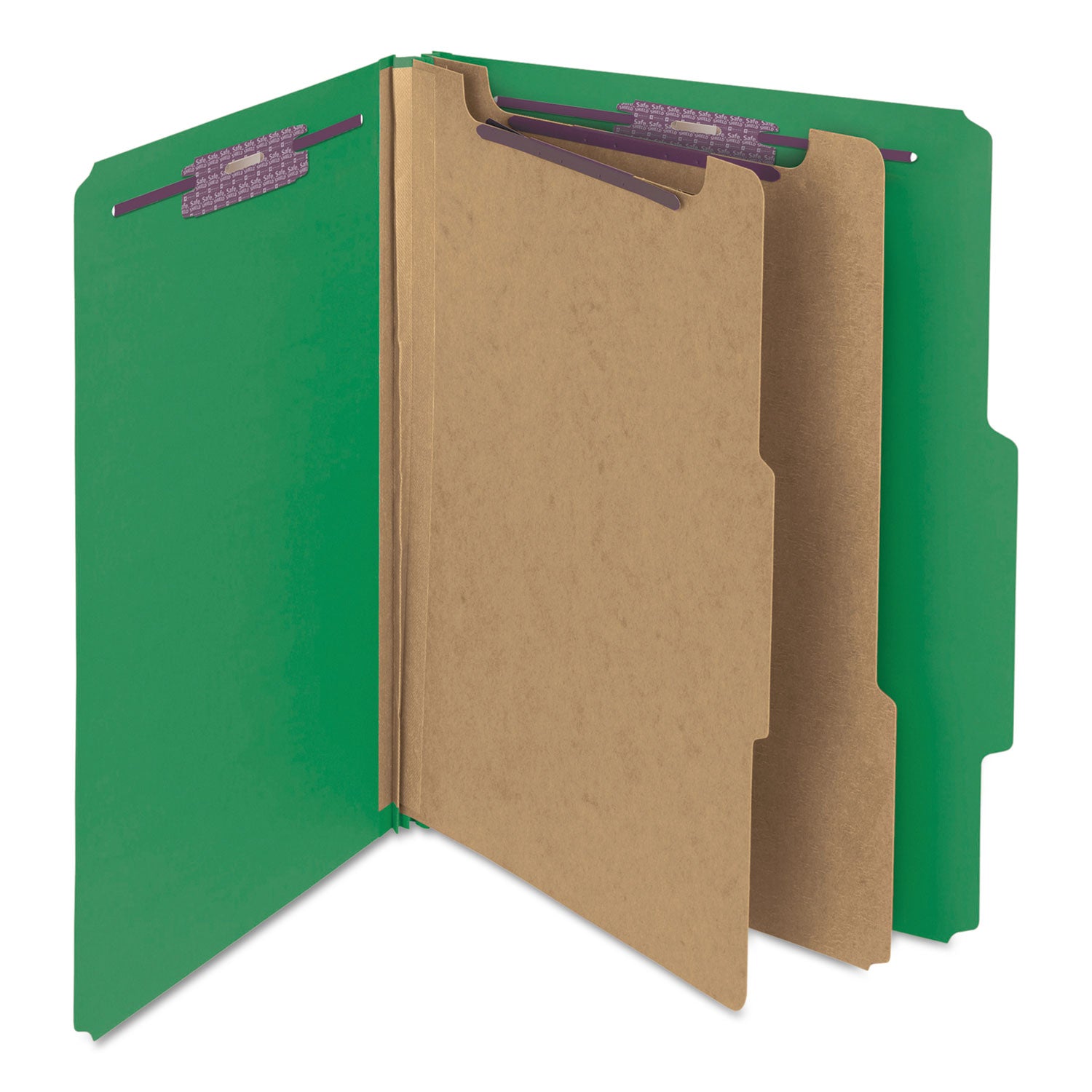 Smead™ Six-Section Pressboard Top Tab Classification Folders, Six SafeSHIELD Fasteners, 2 Dividers, Letter Size, Green, 10/Box