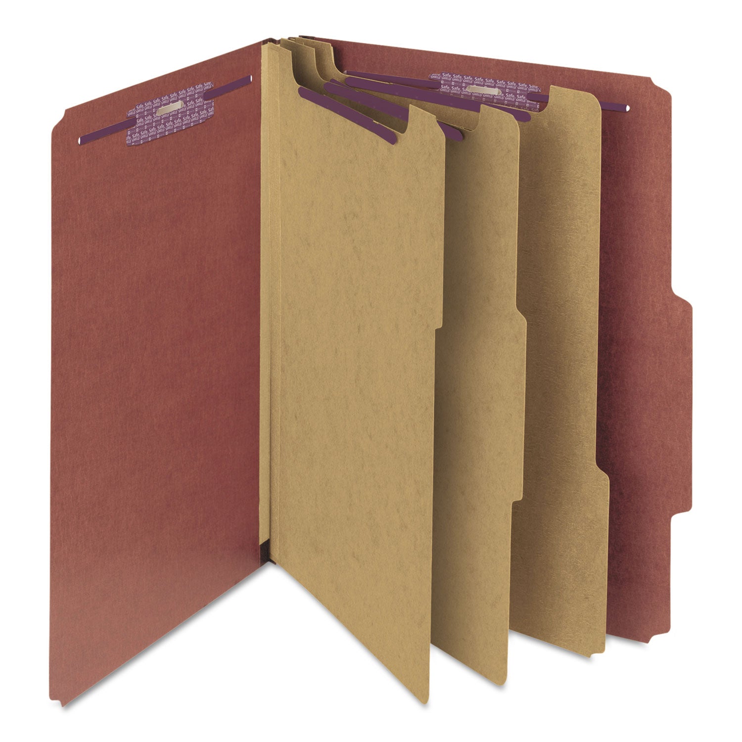 Smead™ Pressboard Classification Folders, Eight SafeSHIELD Fasteners, 2/5-Cut Tabs, 3 Dividers, Letter Size, Red, 10/Box