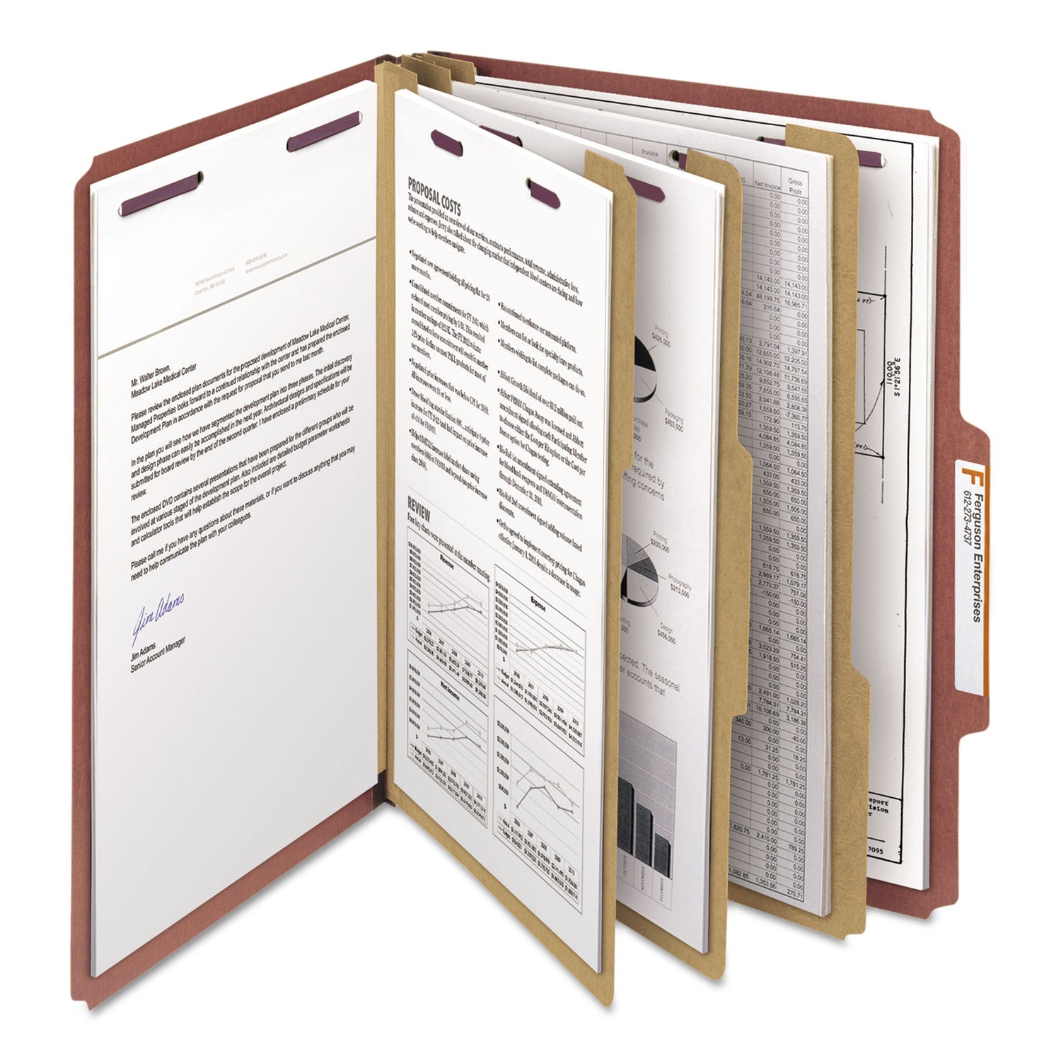 Smead™ Pressboard Classification Folders, Eight SafeSHIELD Fasteners, 2/5-Cut Tabs, 3 Dividers, Letter Size, Red, 10/Box