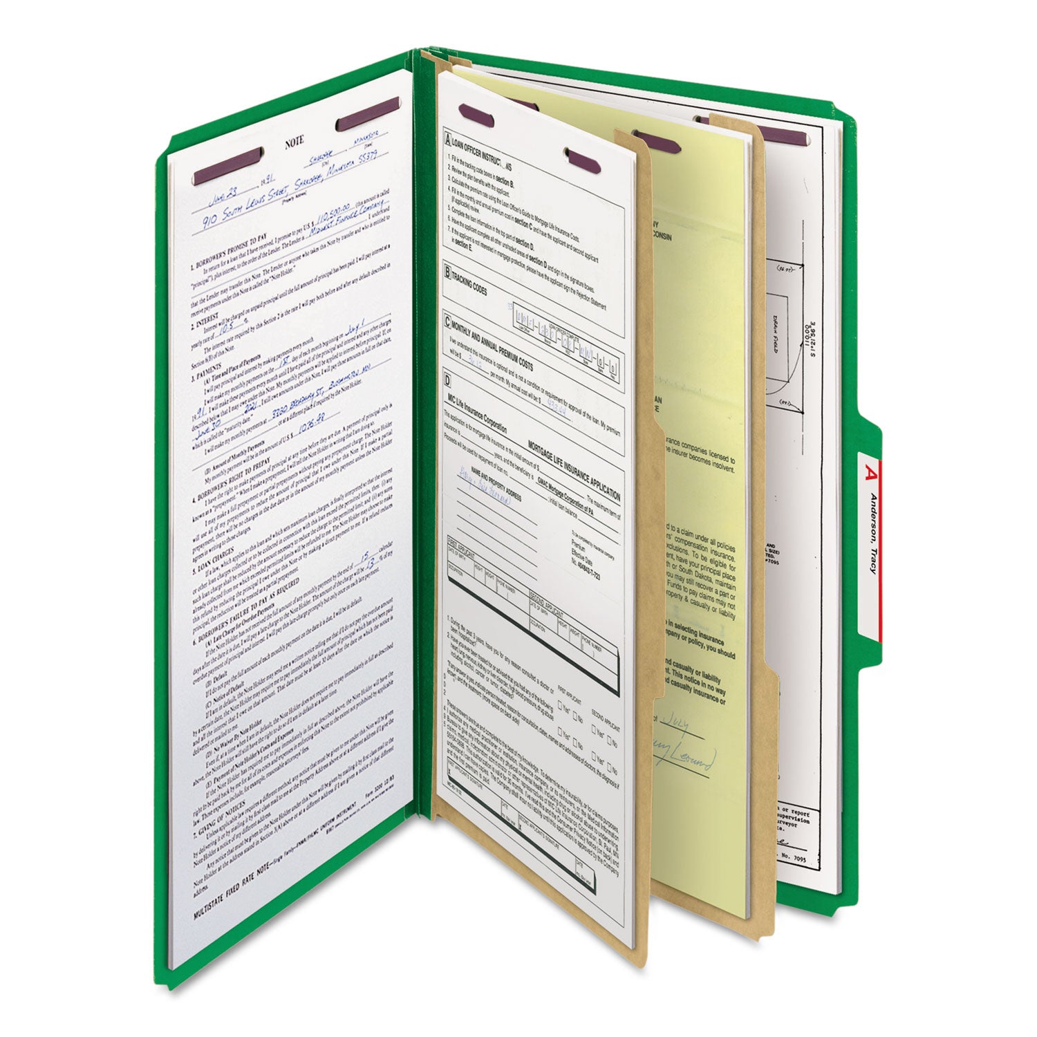 Smead™ Six-Section Pressboard Top Tab Classification Folders, Six SafeSHIELD Fasteners, 2 Dividers, Legal Size, Green, 10/Box