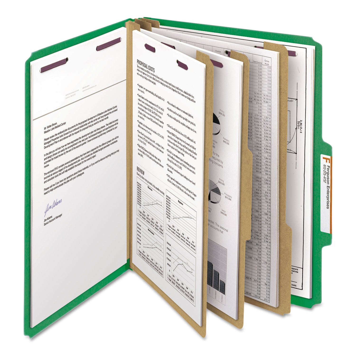 Smead™ Eight-Section Pressboard Top Tab Classification Folders, Eight SafeSHIELD Fasteners, 3 Dividers, Letter Size, Green, 10/Box