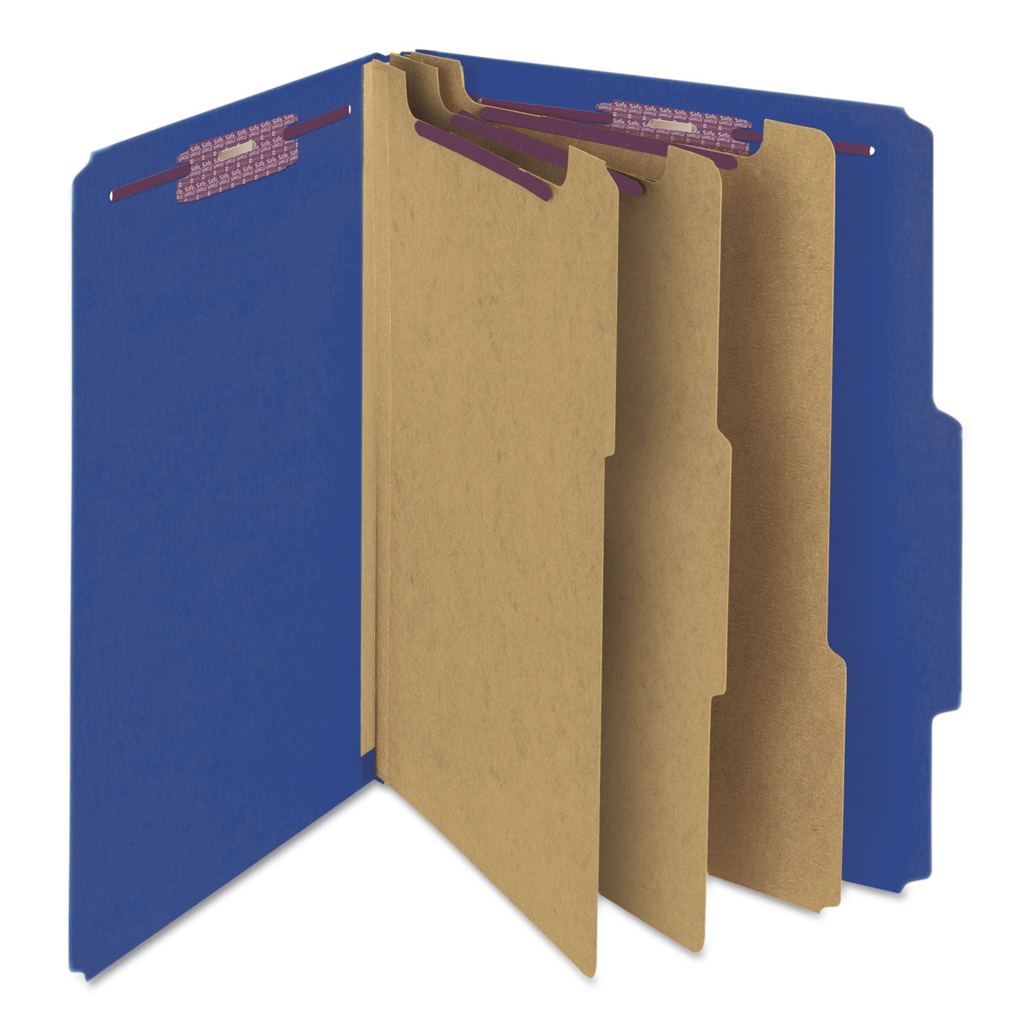 Smead™ Eight-Section Pressboard Top Tab Classification Folders, 8 SafeSHIELD Fasteners, 3 Dividers, Letter Size, Dark Blue, 10/Box