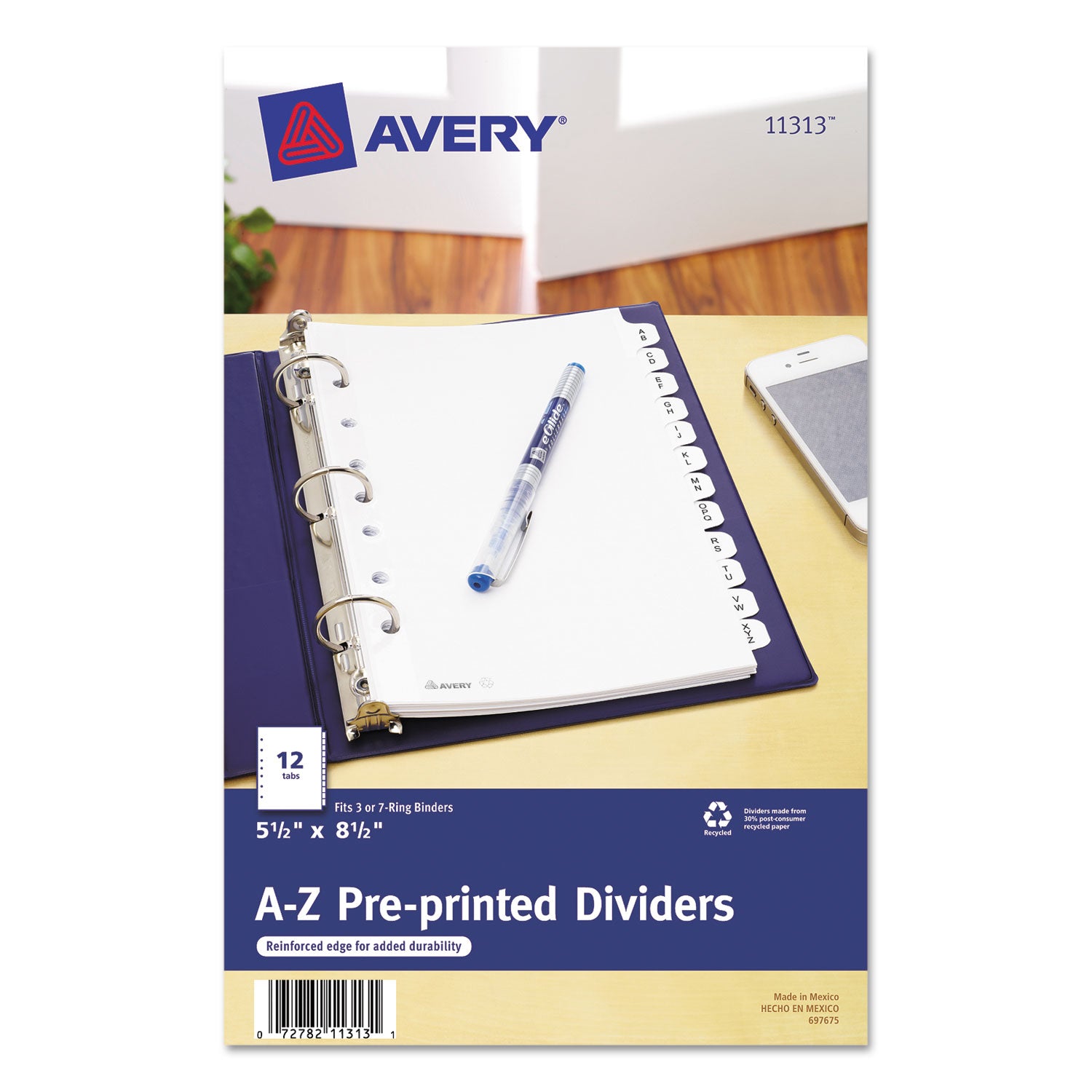 Preprinted Tab Dividers, 12-Tab, A to Z, 8.5 x 5.5, White, 1 Set