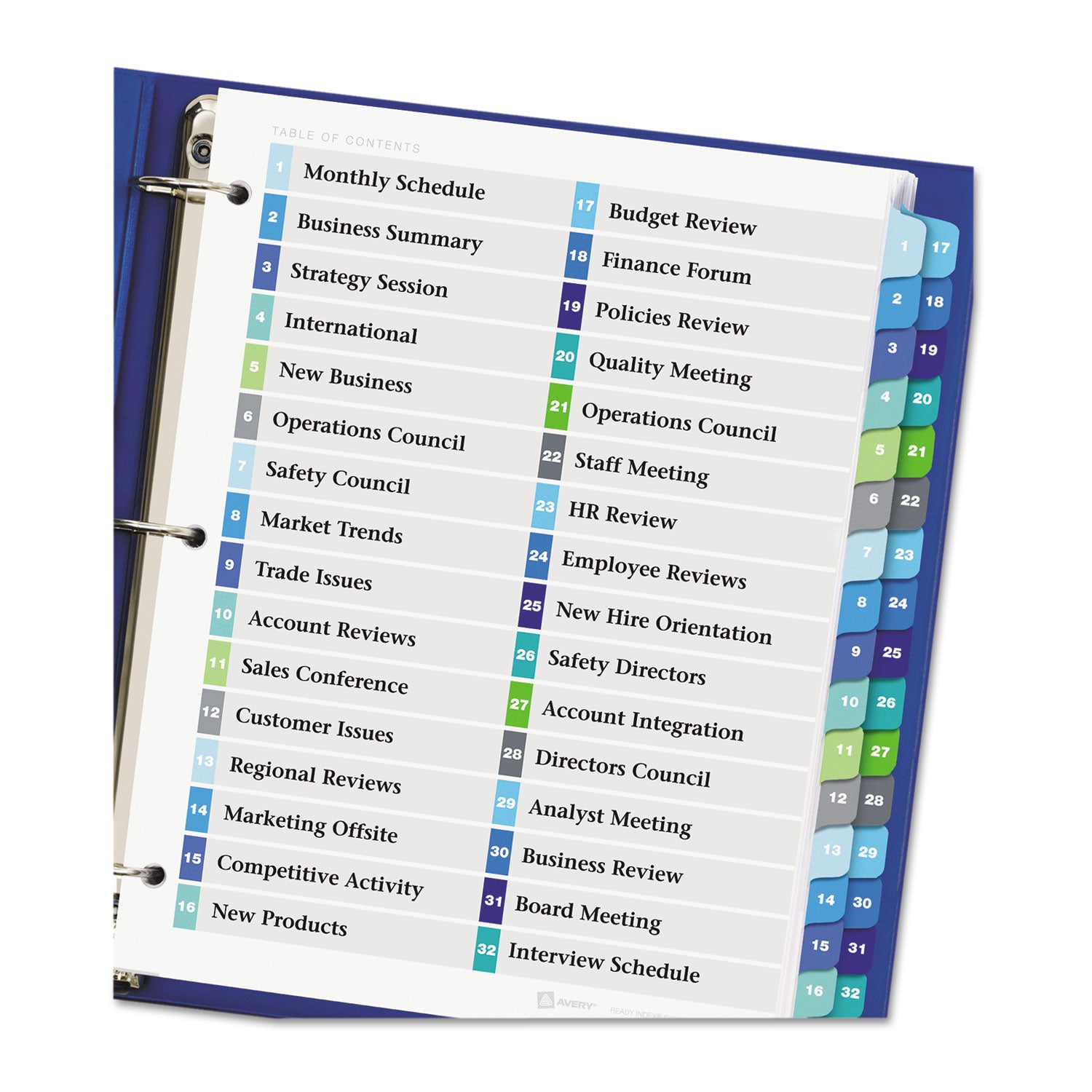 Avery® Customizable TOC Ready Index Double Column Multicolor Tab Dividers, 32-Tab, 1 to 32, 11 x 8.5, White, 1 Set