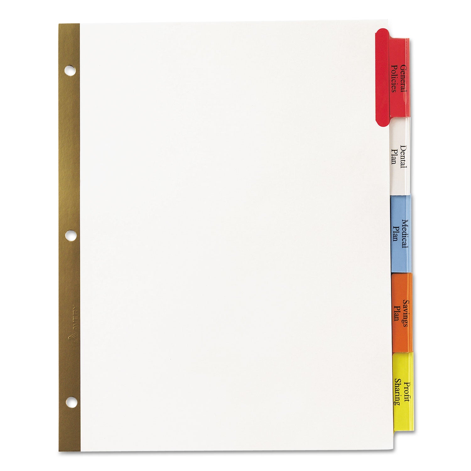 Avery® Insertable Big Tab Dividers, 5-Tab, Double-Sided Gold Edge Reinforcing, 11 x 8.5, White, Assorted Tabs, 1 Set