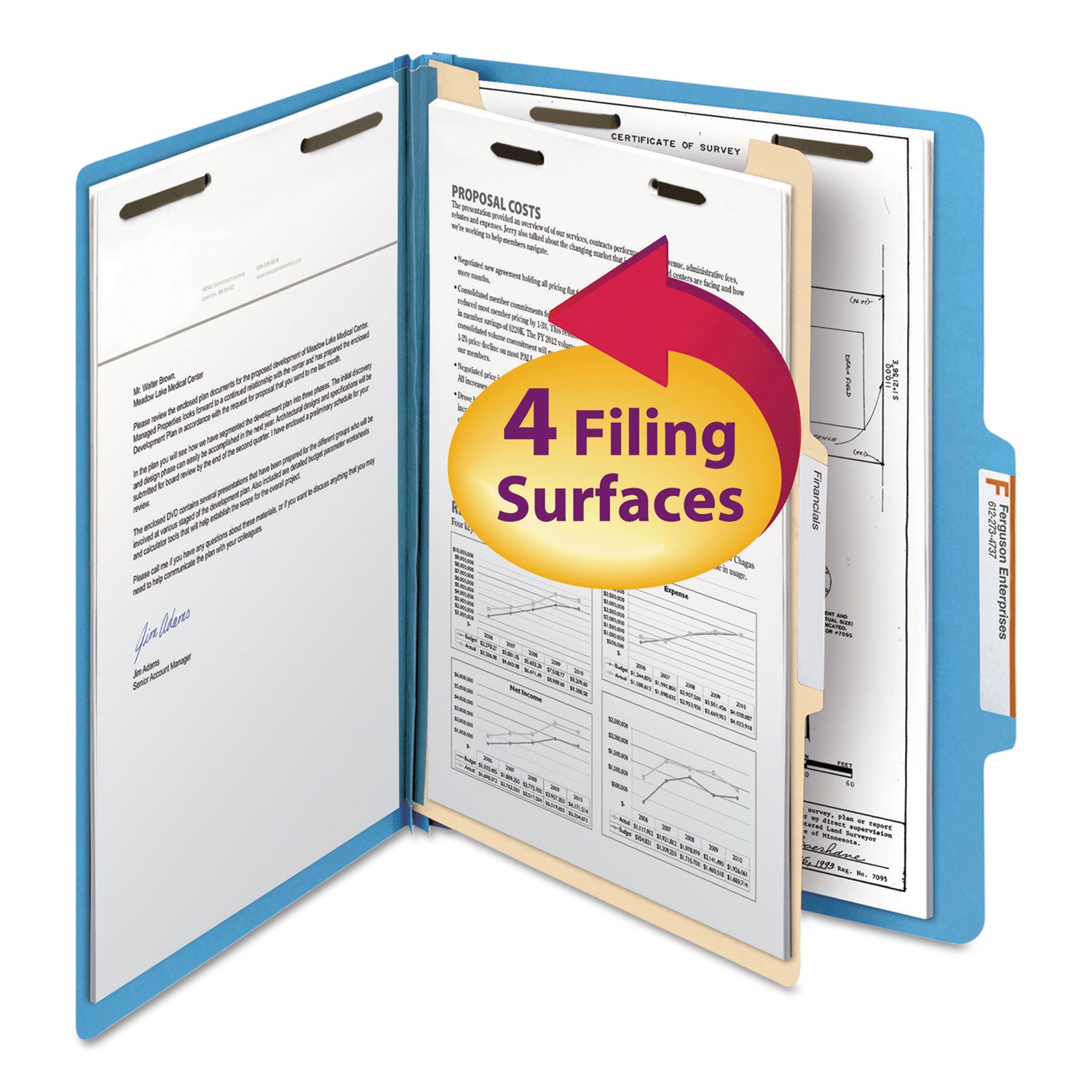 Top Tab Classification Folders, Four SafeSHIELD Fasteners, 2" Expansion, 1 Divider, Letter Size, Blue Exterior, 10/Box