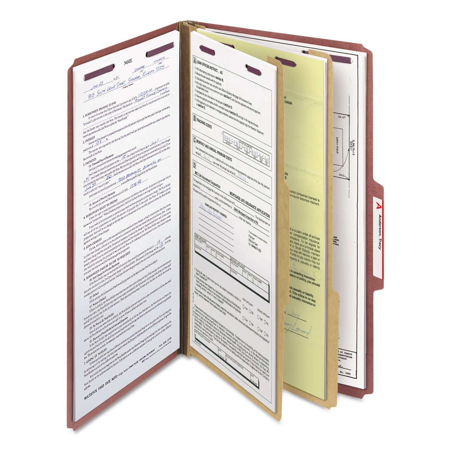 Smead™ Pressboard Classification Folders, Six SafeSHIELD Fasteners, 2/5-Cut Tabs, 2 Dividers, Legal Size, Red, 10/Box