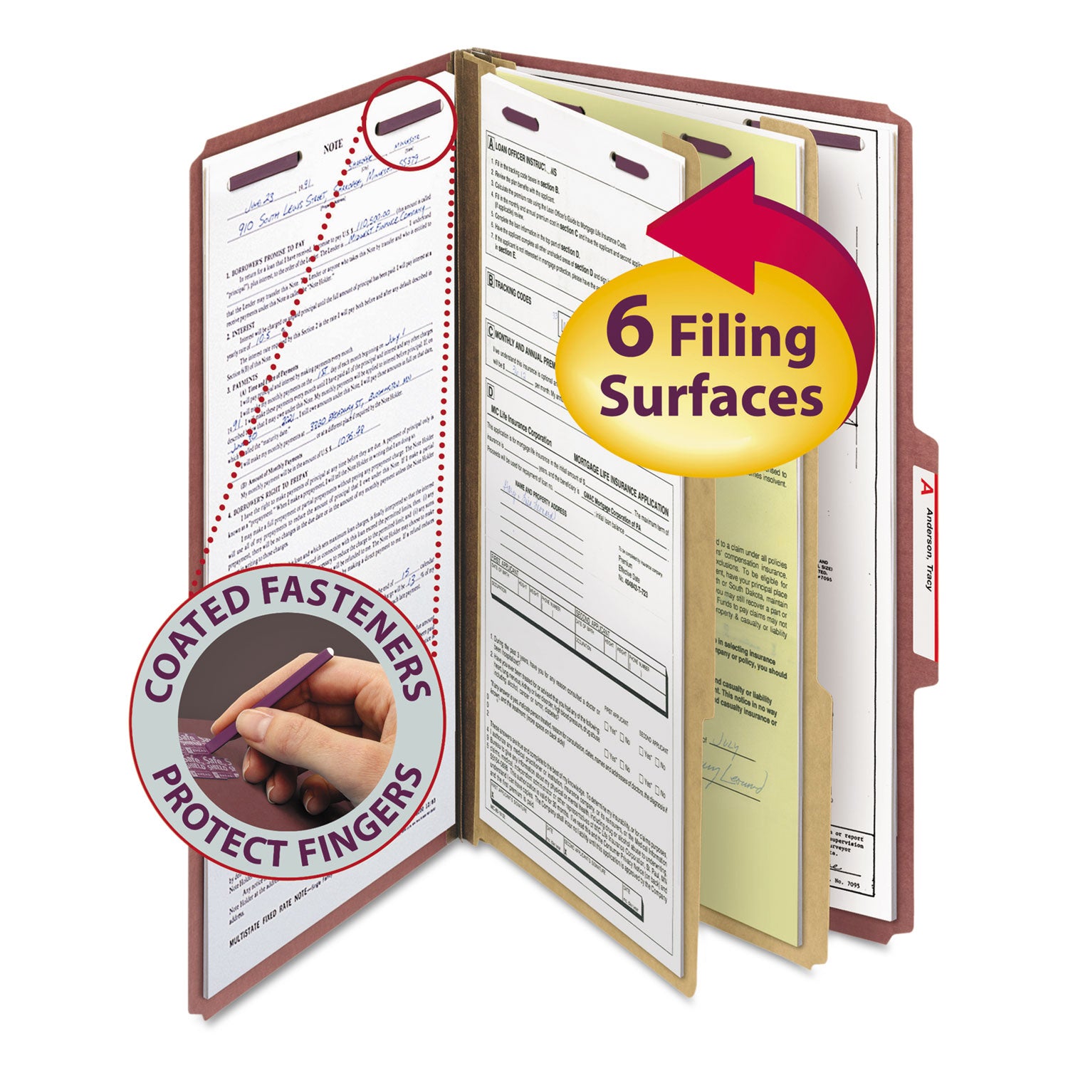 Smead™ Pressboard Classification Folders, Six SafeSHIELD Fasteners, 2/5-Cut Tabs, 2 Dividers, Legal Size, Red, 10/Box