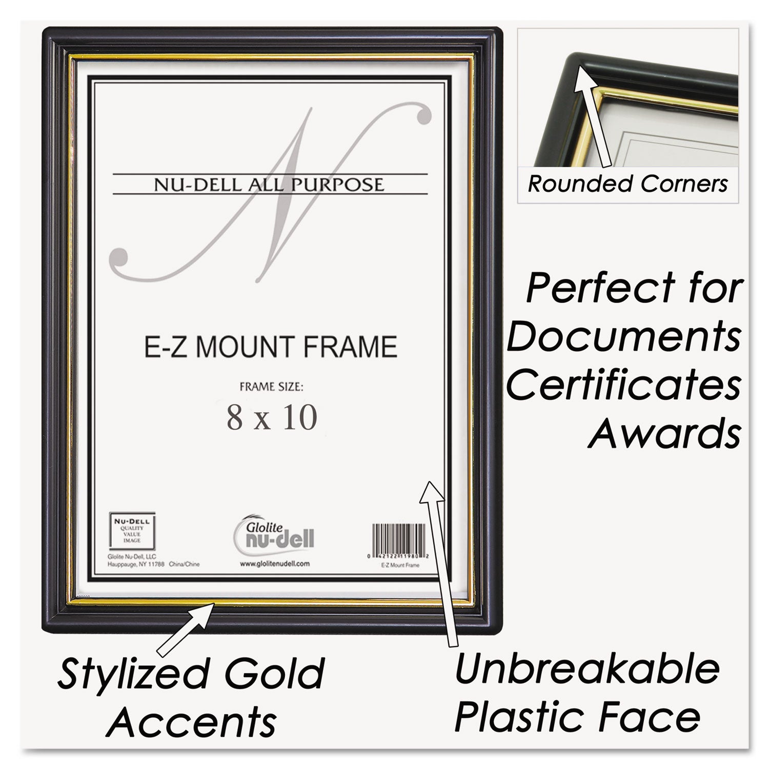 NuDell™ EZ Mount Document Frame with Trim Accent and Plastic Face, Plastic, 8 x 10, Black/Gold