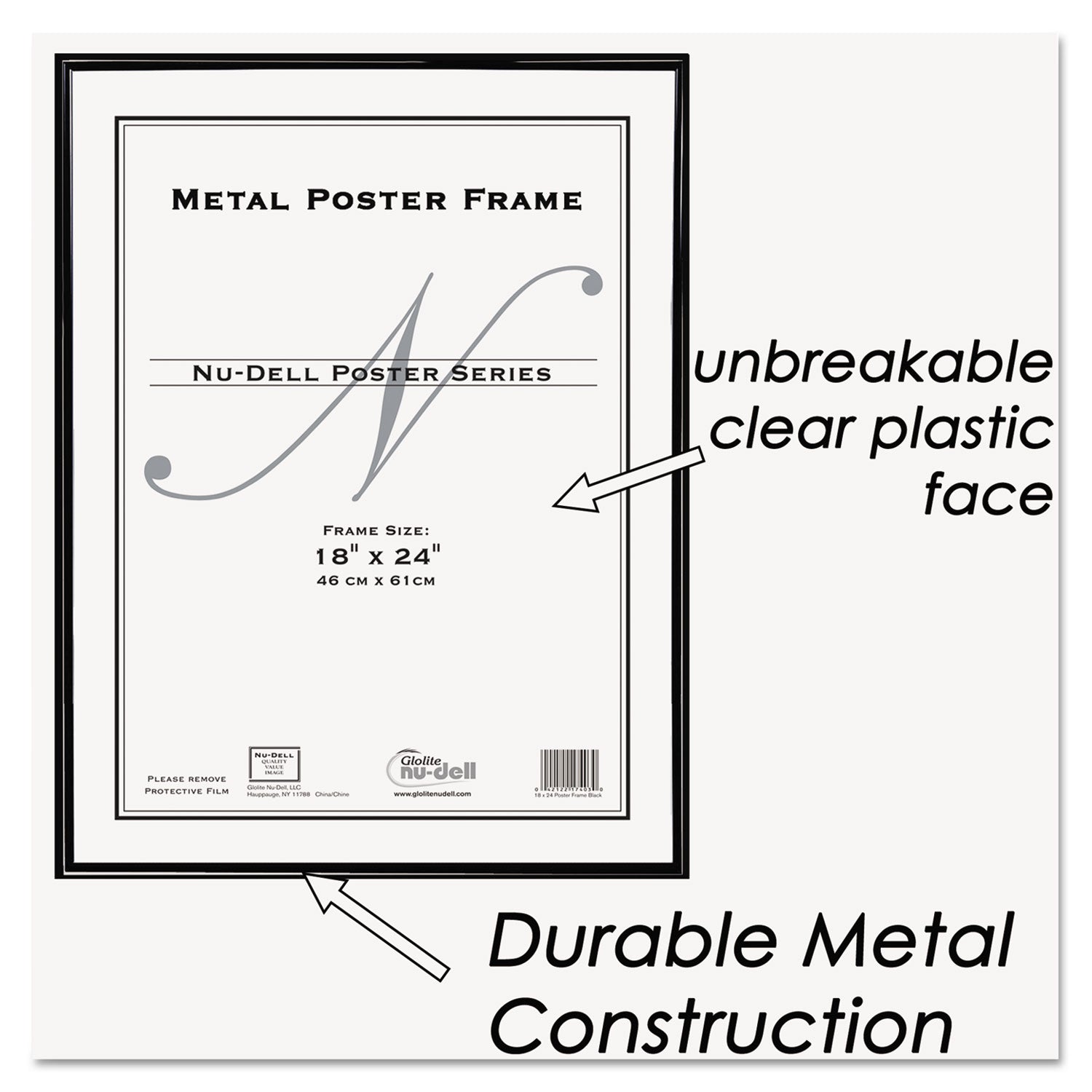 NuDell™ Metal Poster Frame, Plastic Face, 18 x 24, Black