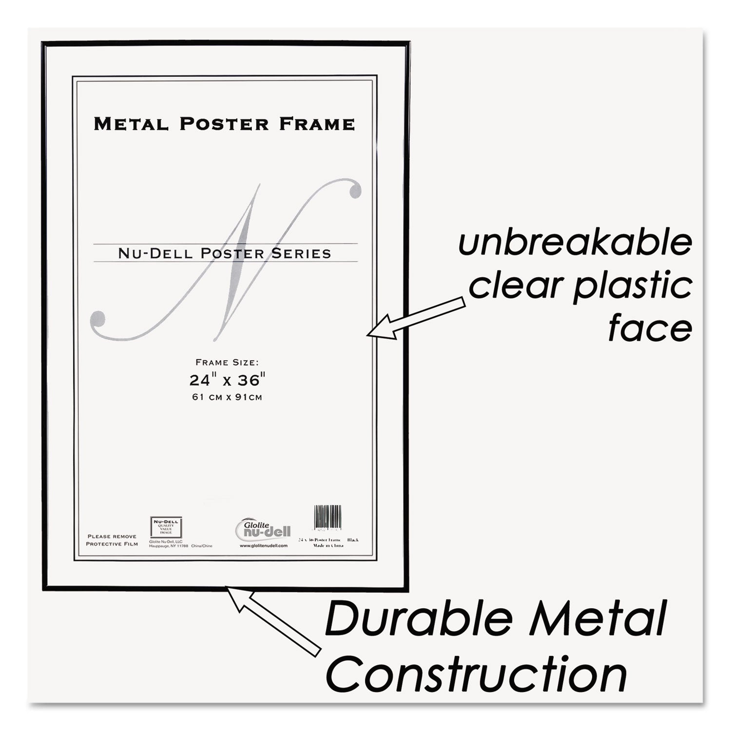 NuDell™ Metal Poster Frame, Plastic Face, 24 x 36, Black