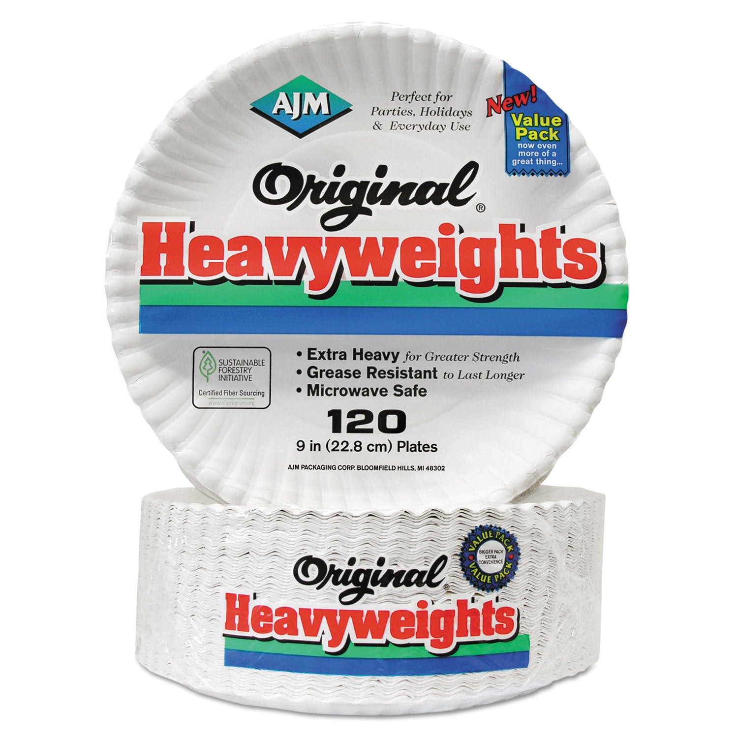 AJM Packaging Corporation Original Heavyweights Paper Plates, 9" dia, White, 120/Pack, 8 Packs/Carton