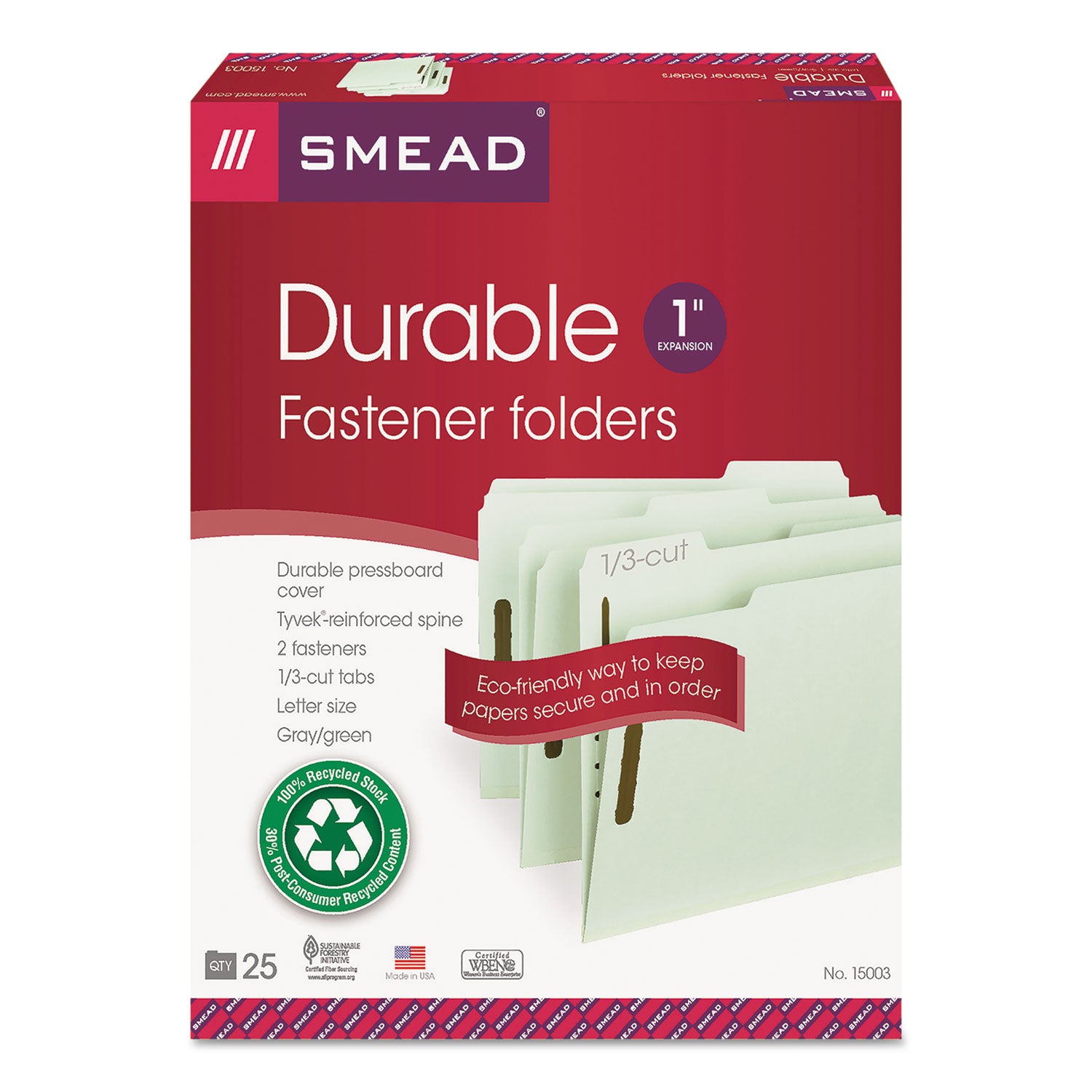 Smead™ Recycled Pressboard Fastener Folders, 1" Expansion, 2 Fasteners, Letter Size, Gray-Green Exterior, 25/Box