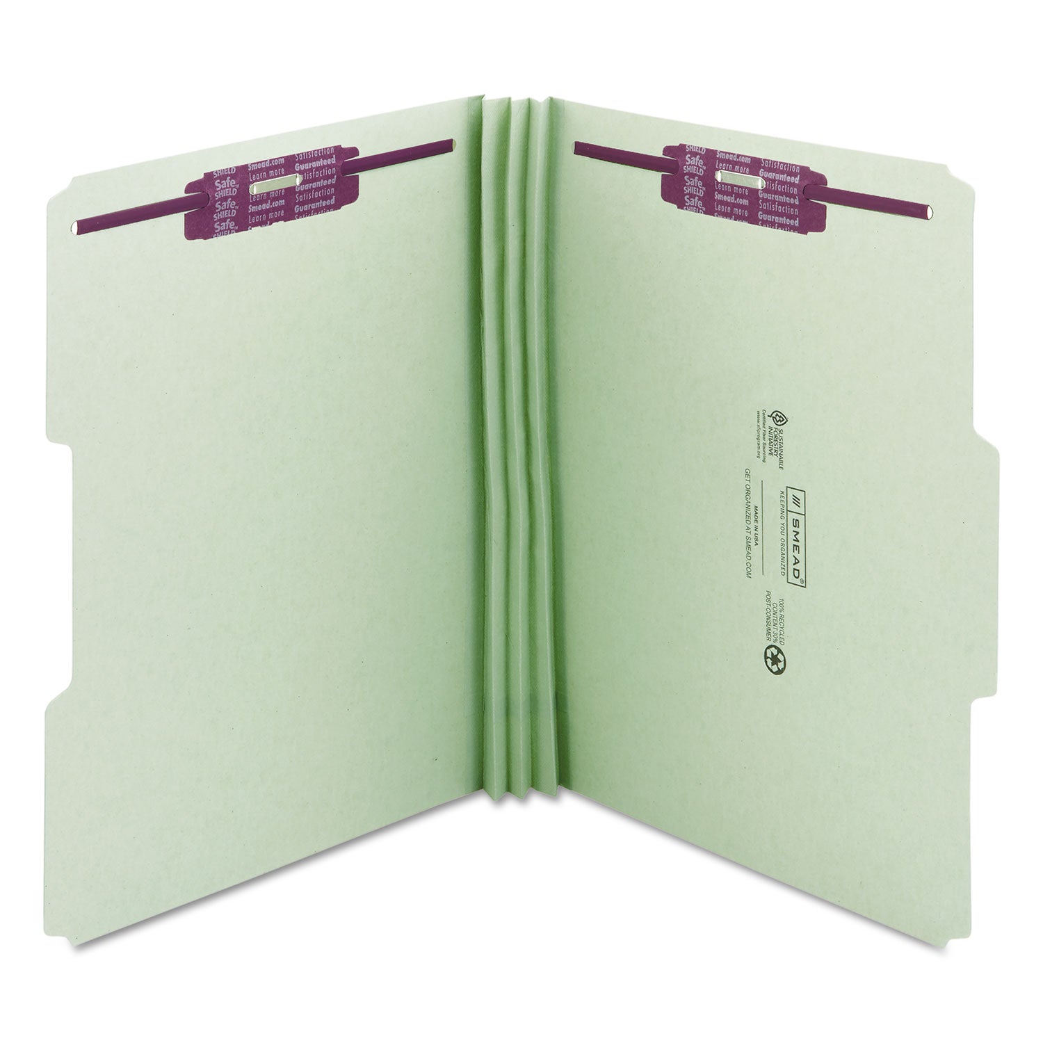 Smead™ Recycled Pressboard Fastener Folders, 1/3-Cut Tabs, Two SafeSHIELD Fasteners, 3" Expansion, Letter Size, Gray-Green, 25/Box