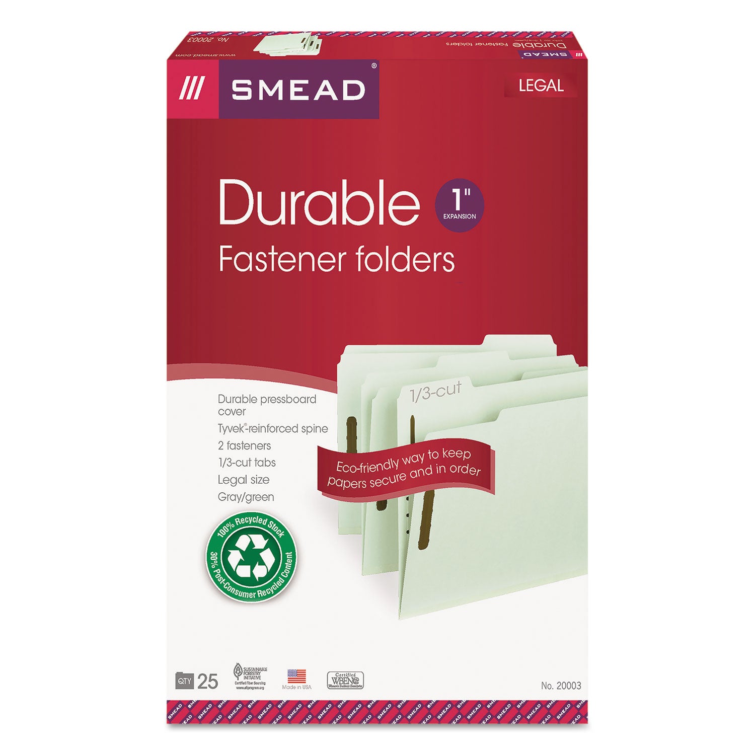 Smead™ Recycled Pressboard Fastener Folders, 1" Expansion, 2 Fasteners, Legal Size, Gray-Green Exterior, 25/Box