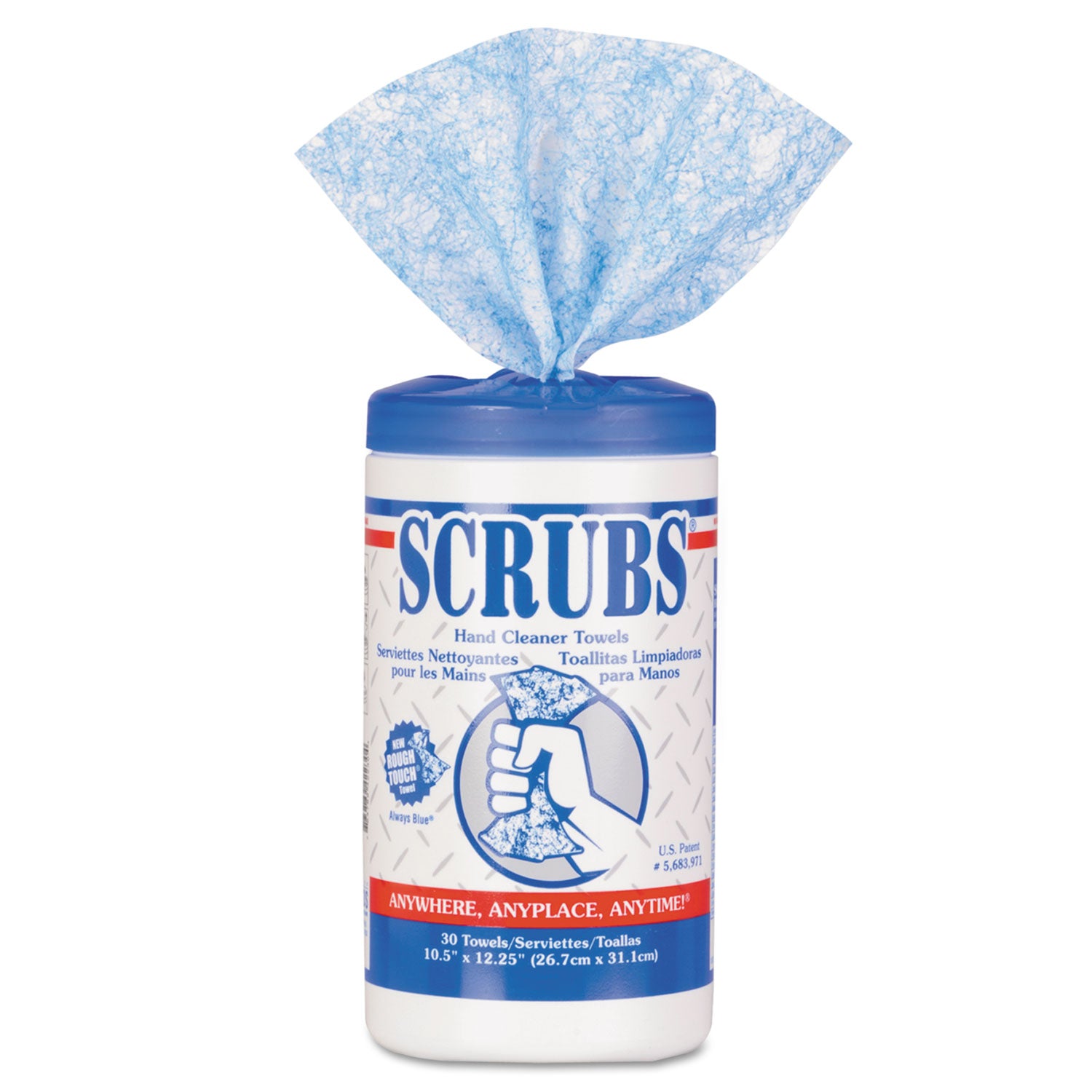 SCRUBS® Hand Cleaner Towels, 1-Ply, 10 x 12, Citrus, Blue/White, 30/Canister