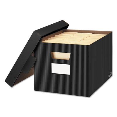 FELLOWES MFG. CO. STOR/FILE Decorative Medium-Duty Storage Box, Letter/Legal Files, 12.5" x 16.25" x 10.25", Black/Gray Pinstripe Design, 4/CT - Flipcost