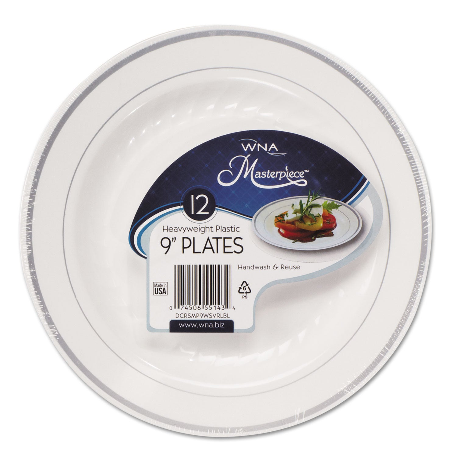 Masterpiece Plastic Plates, 9" dia, White/Silver, 10/Pack, 12 Packs/Carton