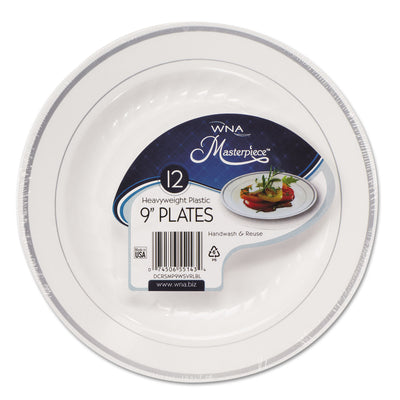 Masterpiece Plastic Plates, 9" dia, White/Silver, 10/Pack, 12 Packs/Carton Flipcost Flipcost