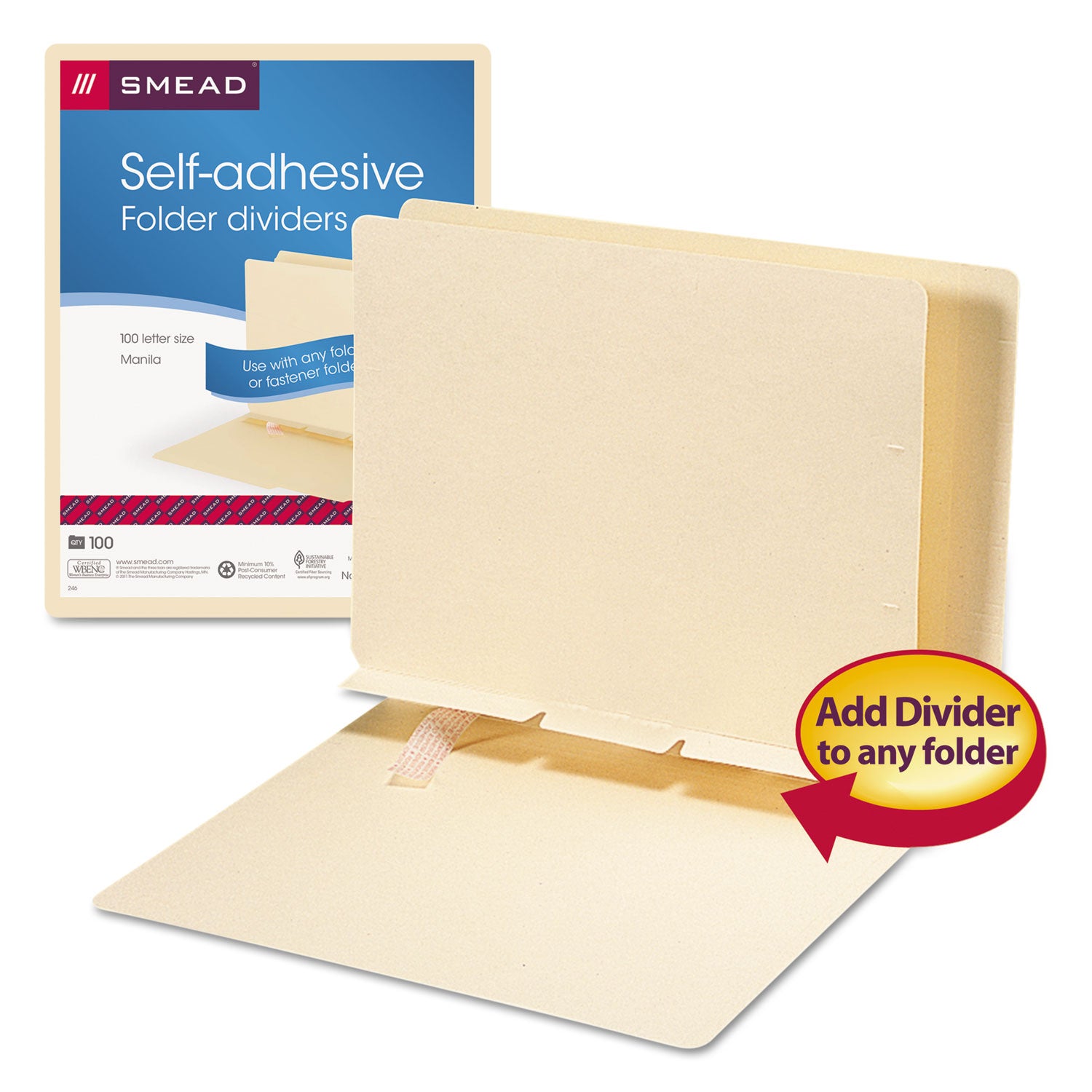 Smead™ Self-Adhesive Folder Dividers for Top/End Tab Folders, Prepunched for Fasteners, 1 Fastener, Letter Size, Manila, 100/Box