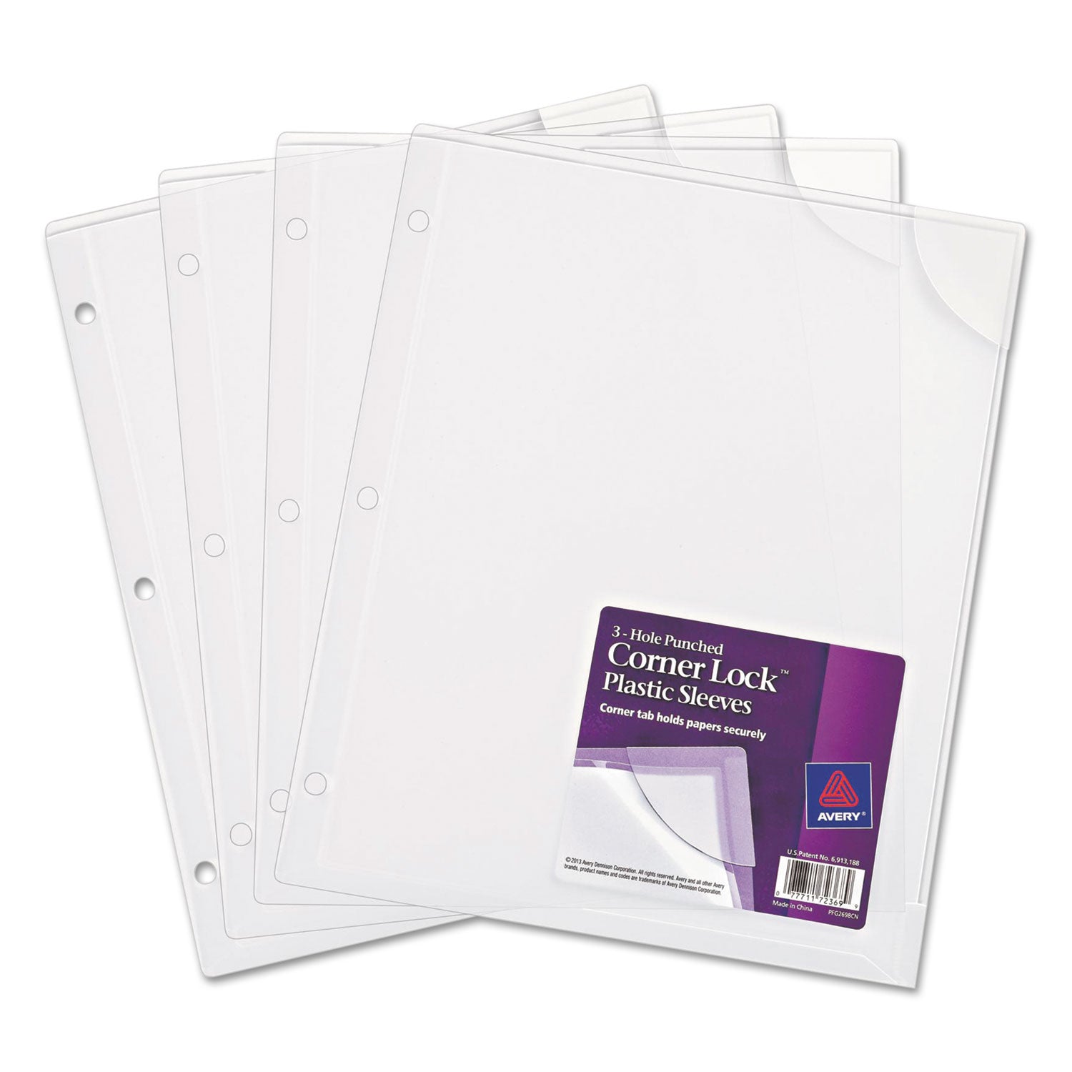 Avery® Three-Hole Punched Corner Lock Plastic Sleeves, 9.5 x 11.75, Clear, 4/Pack