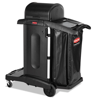 RUBBERMAID COMMERCIAL PROD. Executive High Security Janitorial Cleaning Cart, Plastic, 4 Shelves, 1 Bin, 23.1" x 39.6" x 27.5", Black - Flipcost