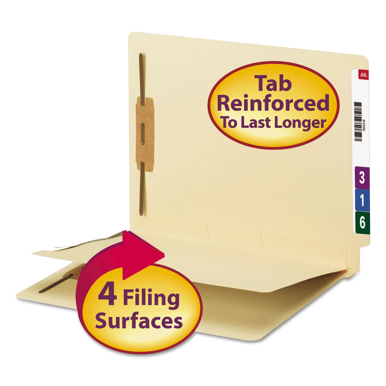 Fastener Folder with Divider, 0.75" Expansion, 1 Divider, 4 Fasteners, Letter Size, Manila Exterior, 50/Box