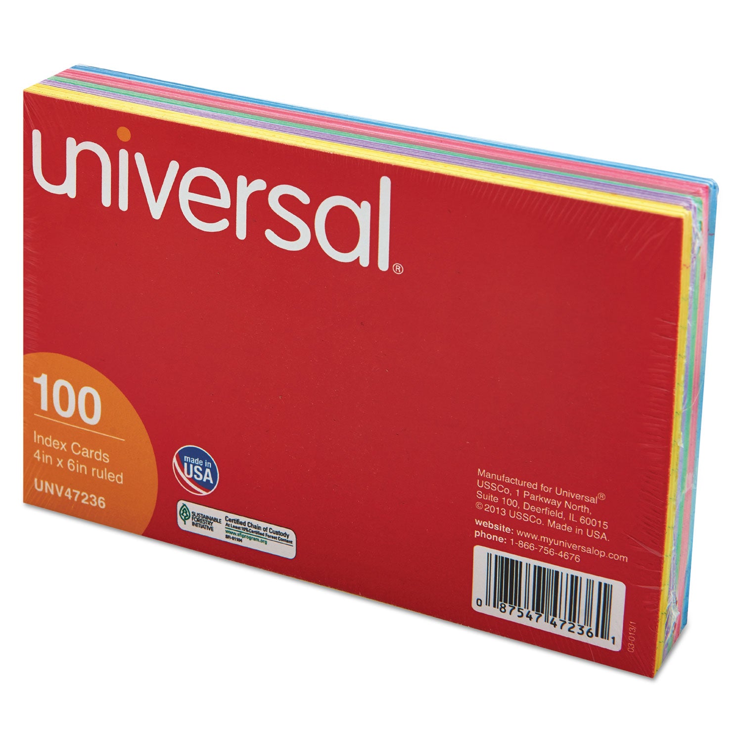 Universal® Index Cards, Ruled, 4 x 6, Assorted, 100/Pack