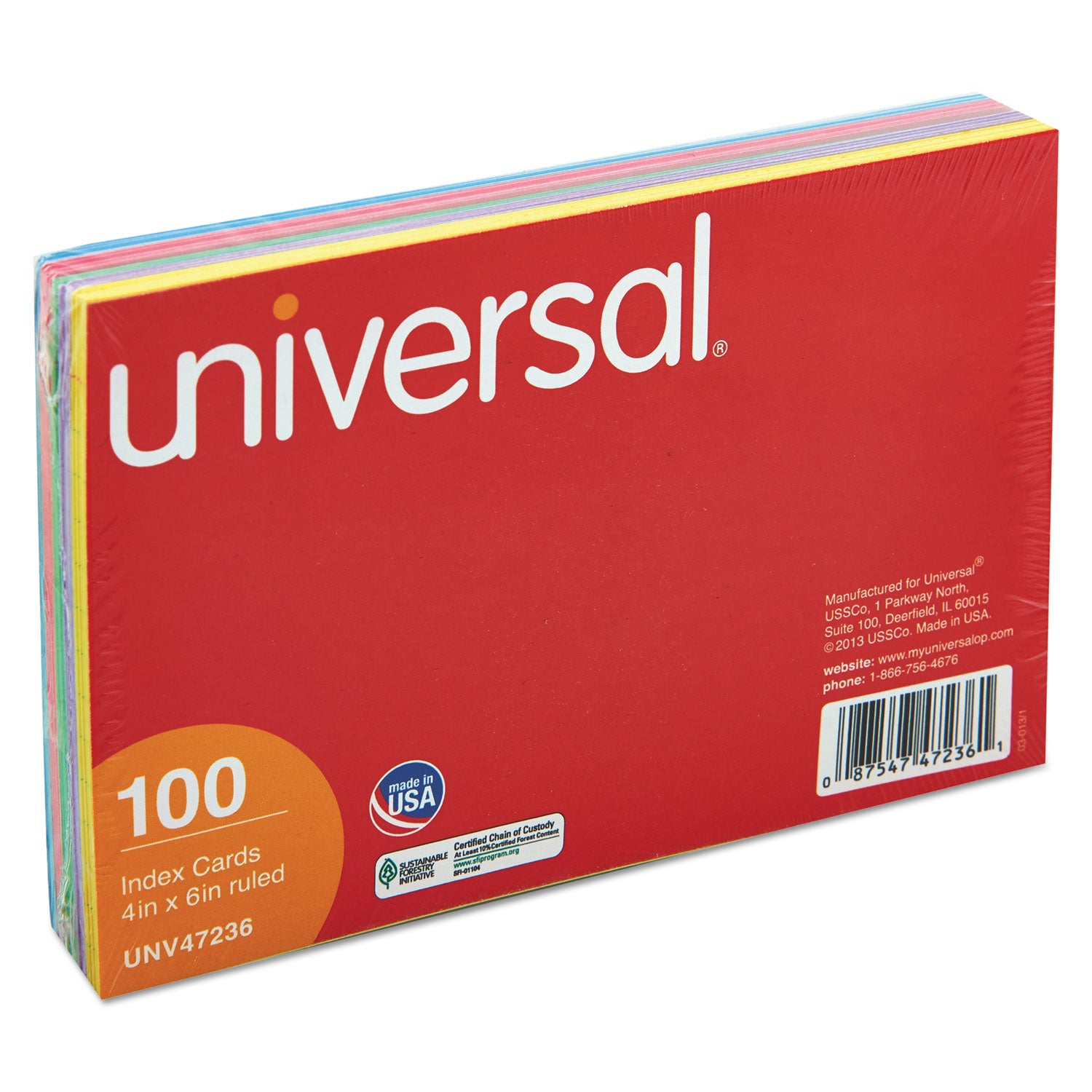 Universal® Index Cards, Ruled, 4 x 6, Assorted, 100/Pack