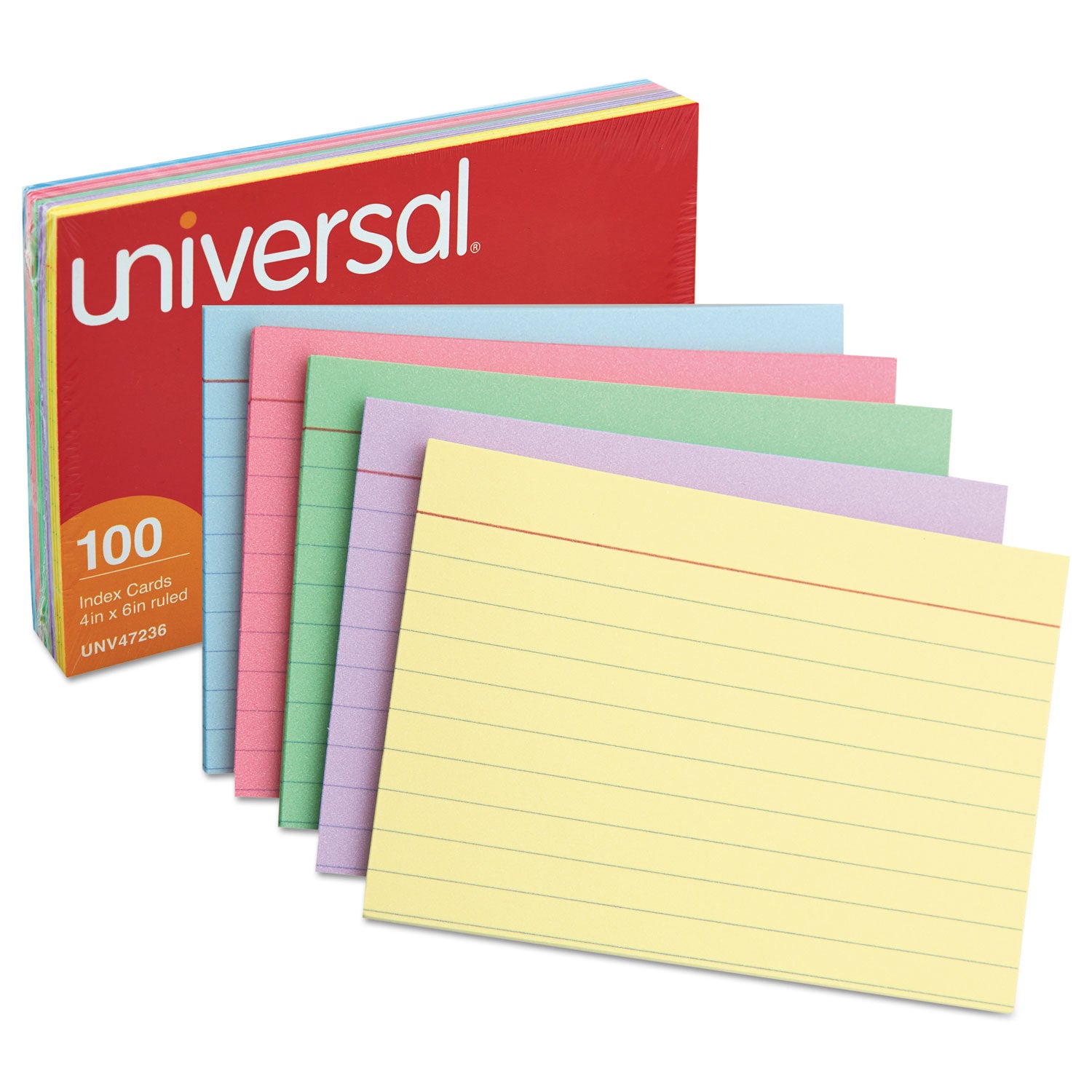 Universal® Index Cards, Ruled, 4 x 6, Assorted, 100/Pack