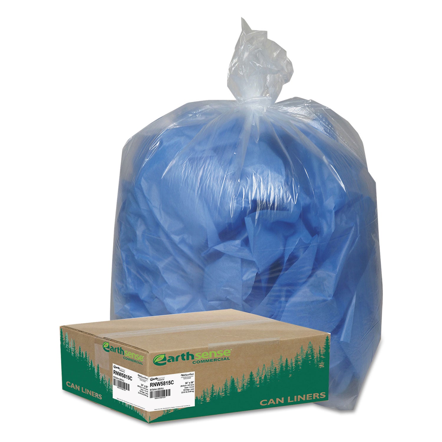 Linear Low Density Clear Recycled Can Liners, 60 gal, 1.5 mil, 38" x 58", Clear, 10 Bags/Roll, 10 Rolls/Carton