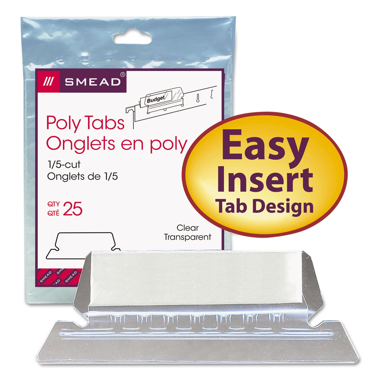 Smead™ Poly Index Tabs and Inserts For Hanging File Folders, 1/5-Cut, White/Clear, 2.25" Wide, 25/Pack