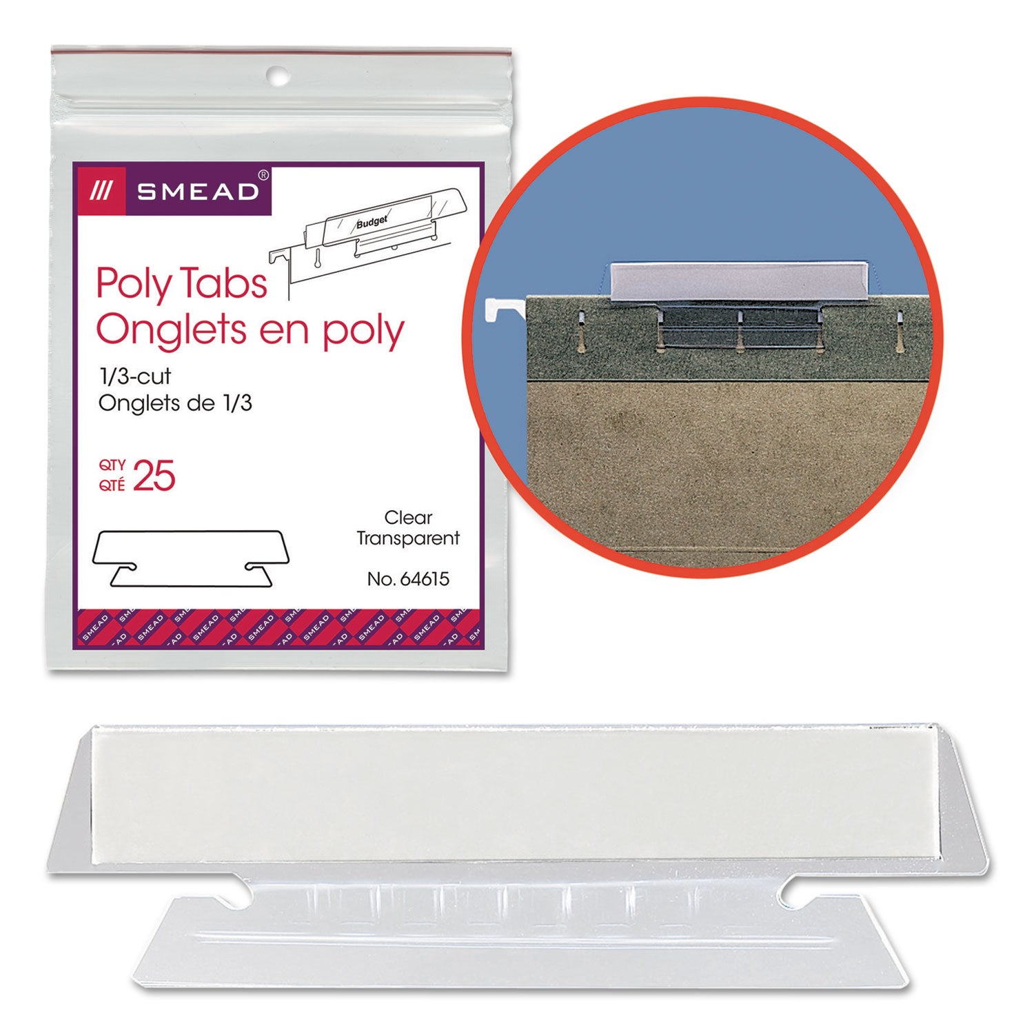 Smead™ Poly Index Tabs and Inserts For Hanging File Folders, 1/3-Cut, White/Clear, 3.5" Wide, 25/Pack