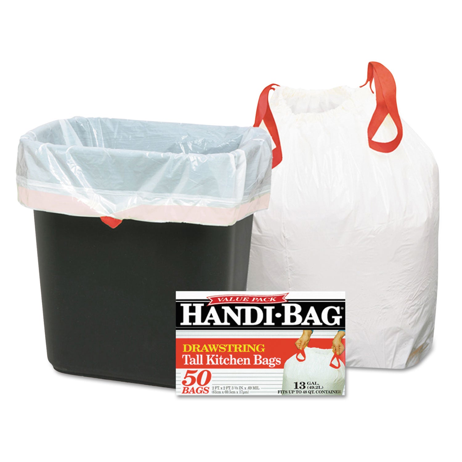 Drawstring Kitchen Bags, 13 gal, 24" x 27.4", White, 50 Bags/Box, 6 Boxes/Carton