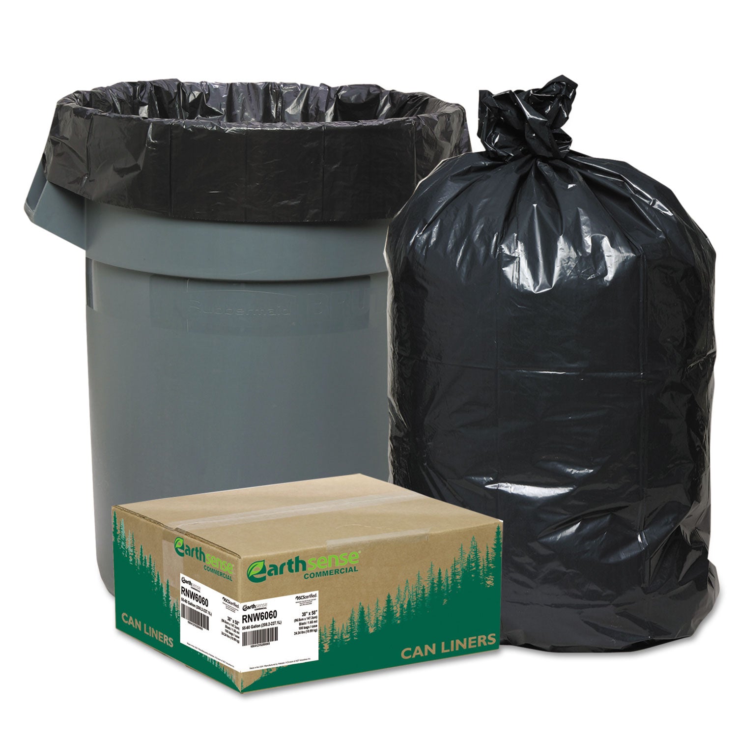 Linear Low Density Recycled Can Liners, 60 gal, 1.65 mil, 38" x 58", Black, 10 Bags/Roll, 10 Rolls/Carton